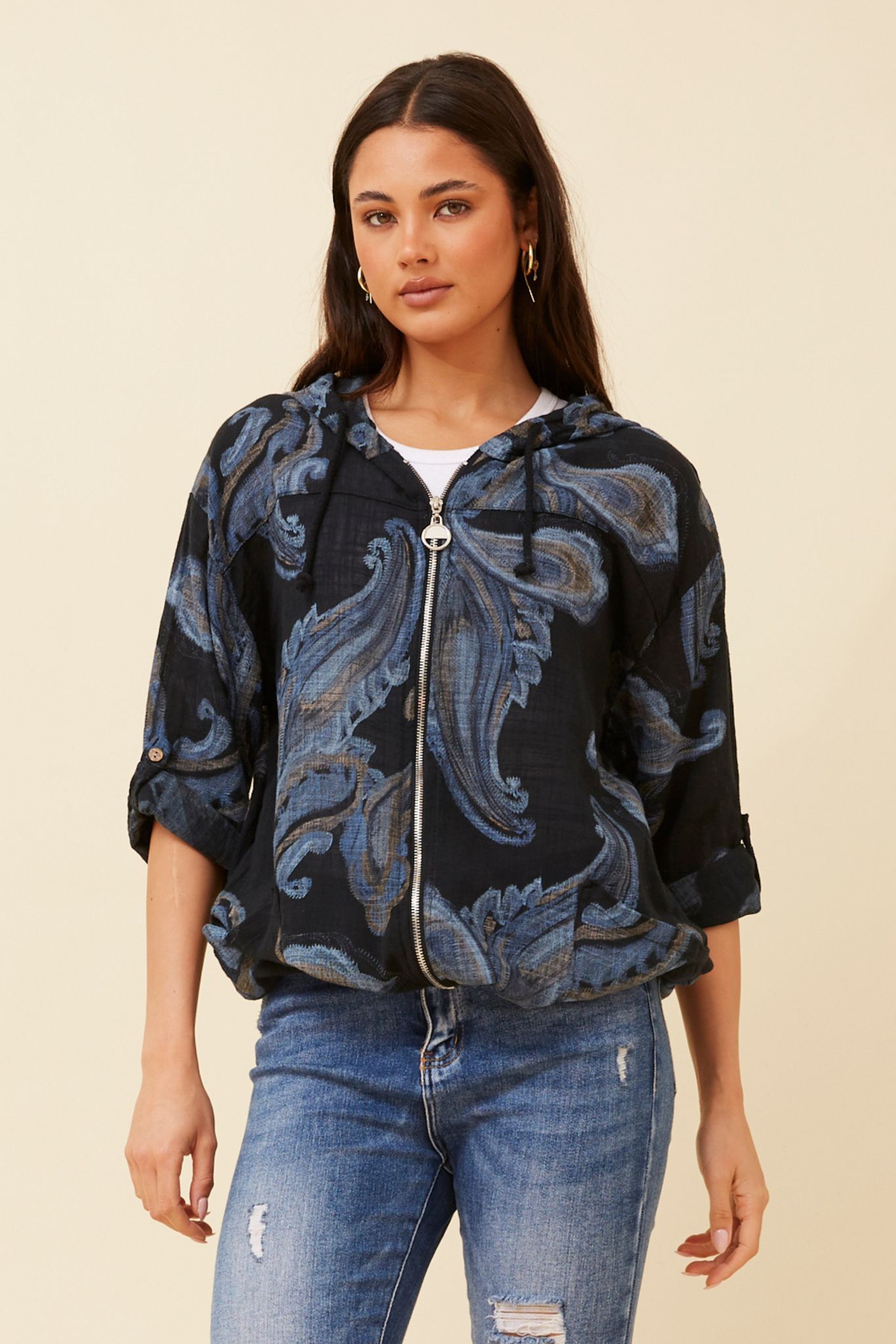 Seta Paisley Printed Hoody Jacket J522888 Black
