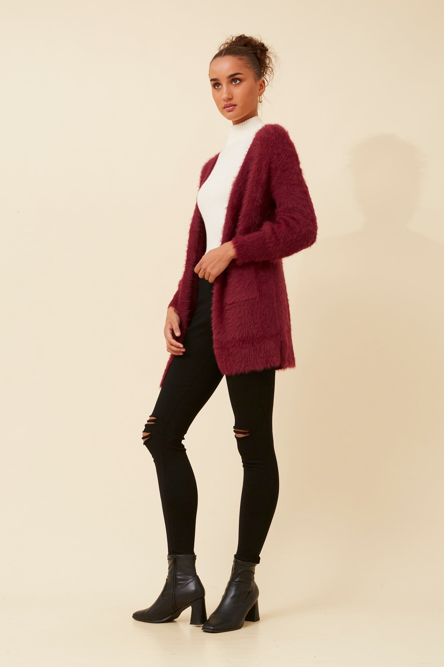 Davie Long Sleeves Eyelash Knit Cardigan Red Dahlia KC522871