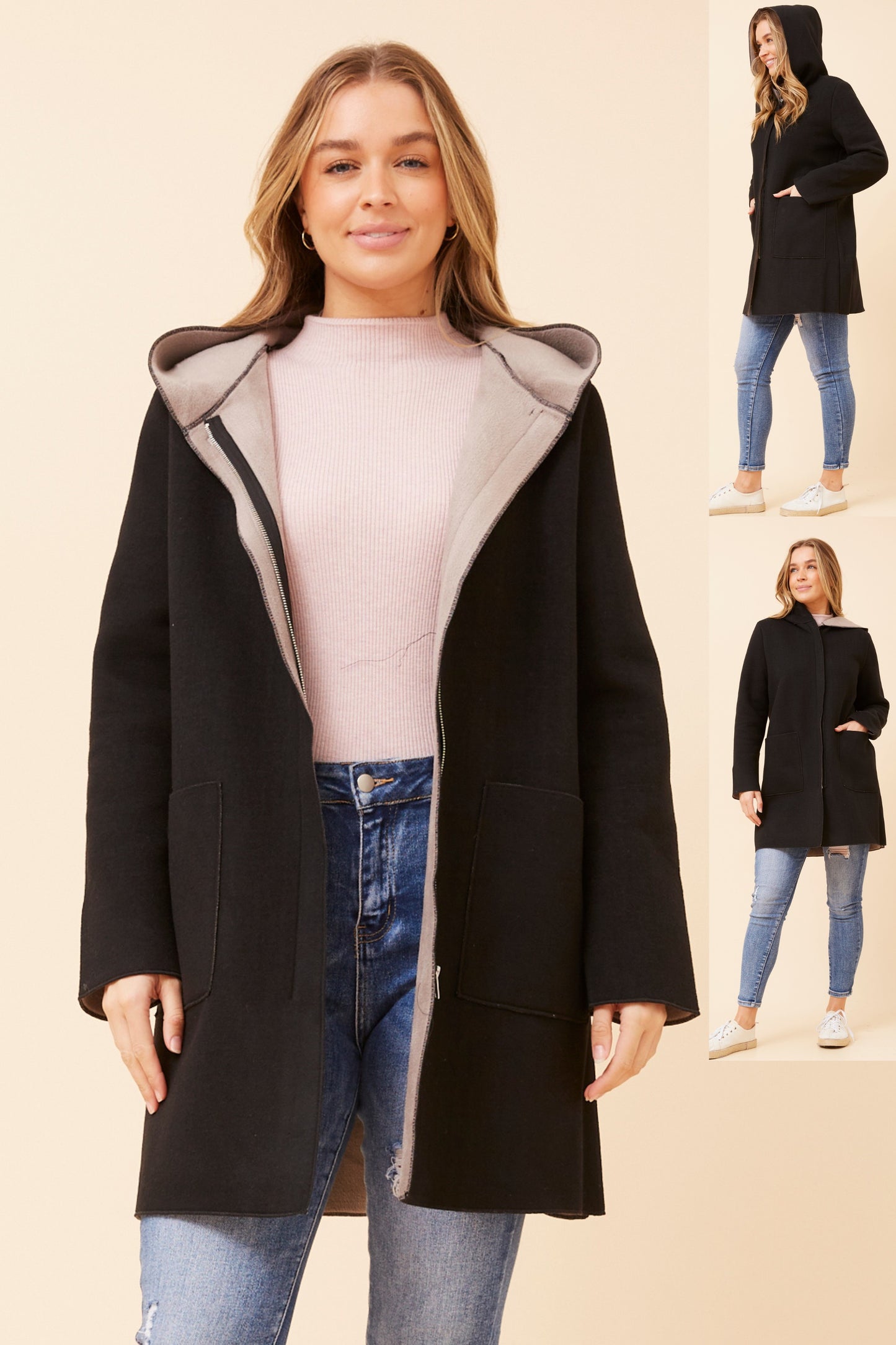 Lana Zip Front Coat with Hood CO508734 Black