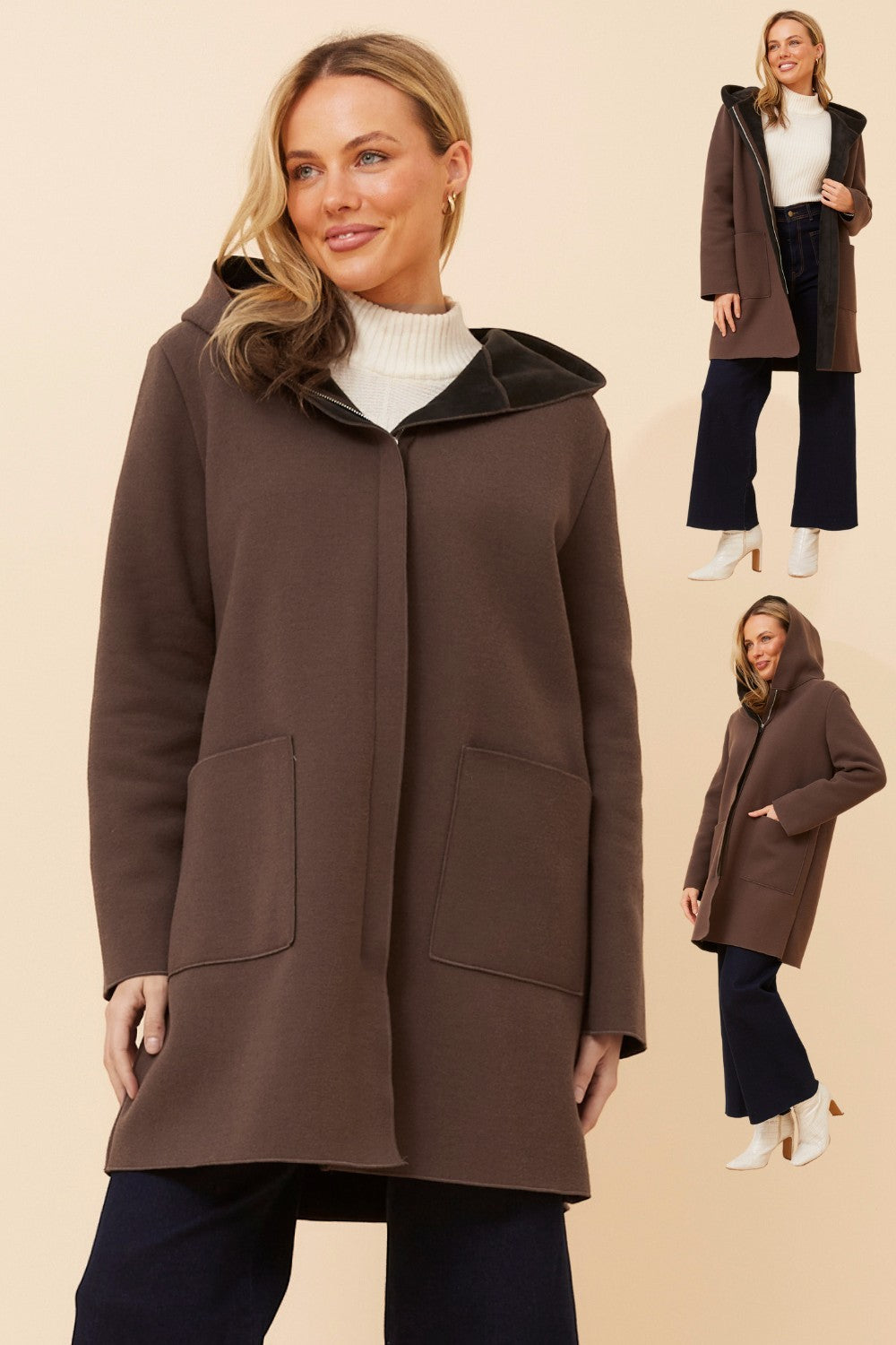 Lana Zip Front Coat with Hood CO508734 Chocolate