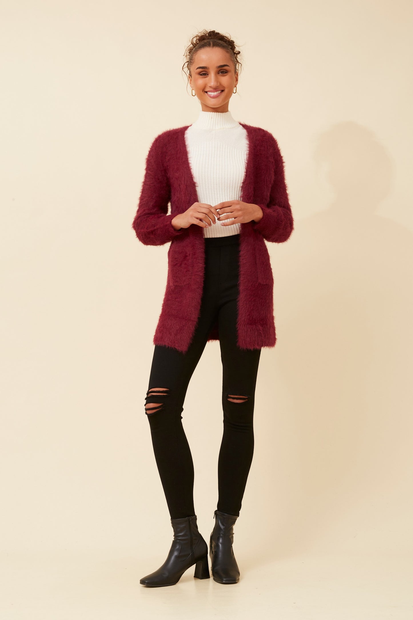 Davie Long Sleeves Eyelash Knit Cardigan Red Dahlia KC522871