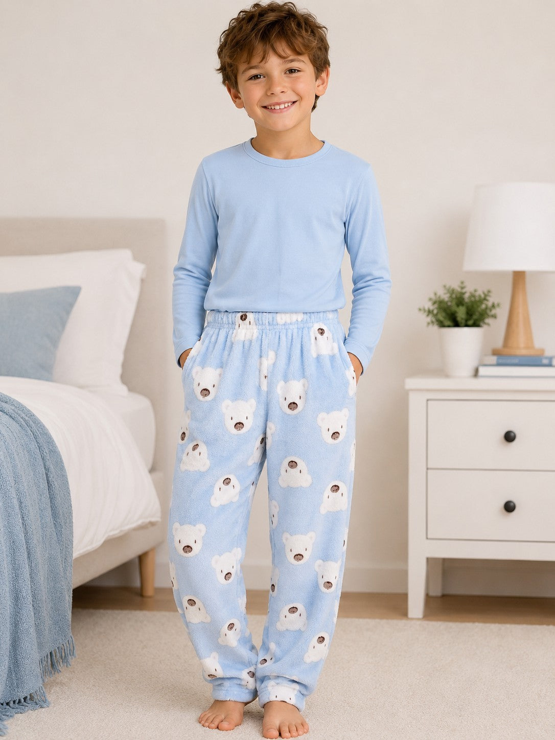 Teddy Bear Print Fluffy Kids Pyjamas Pale Blue