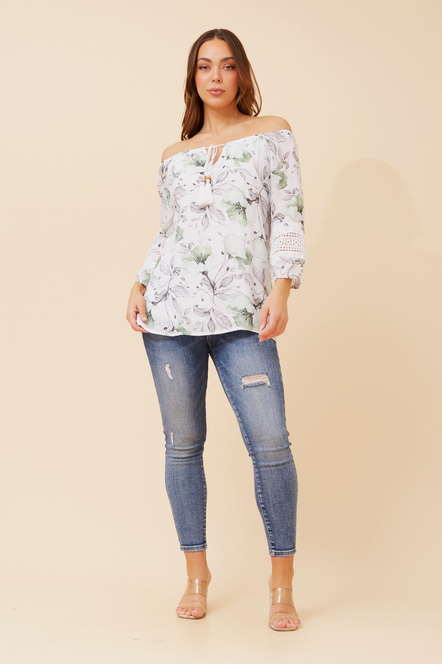 Reba Print Peasant Top - Green T523337
