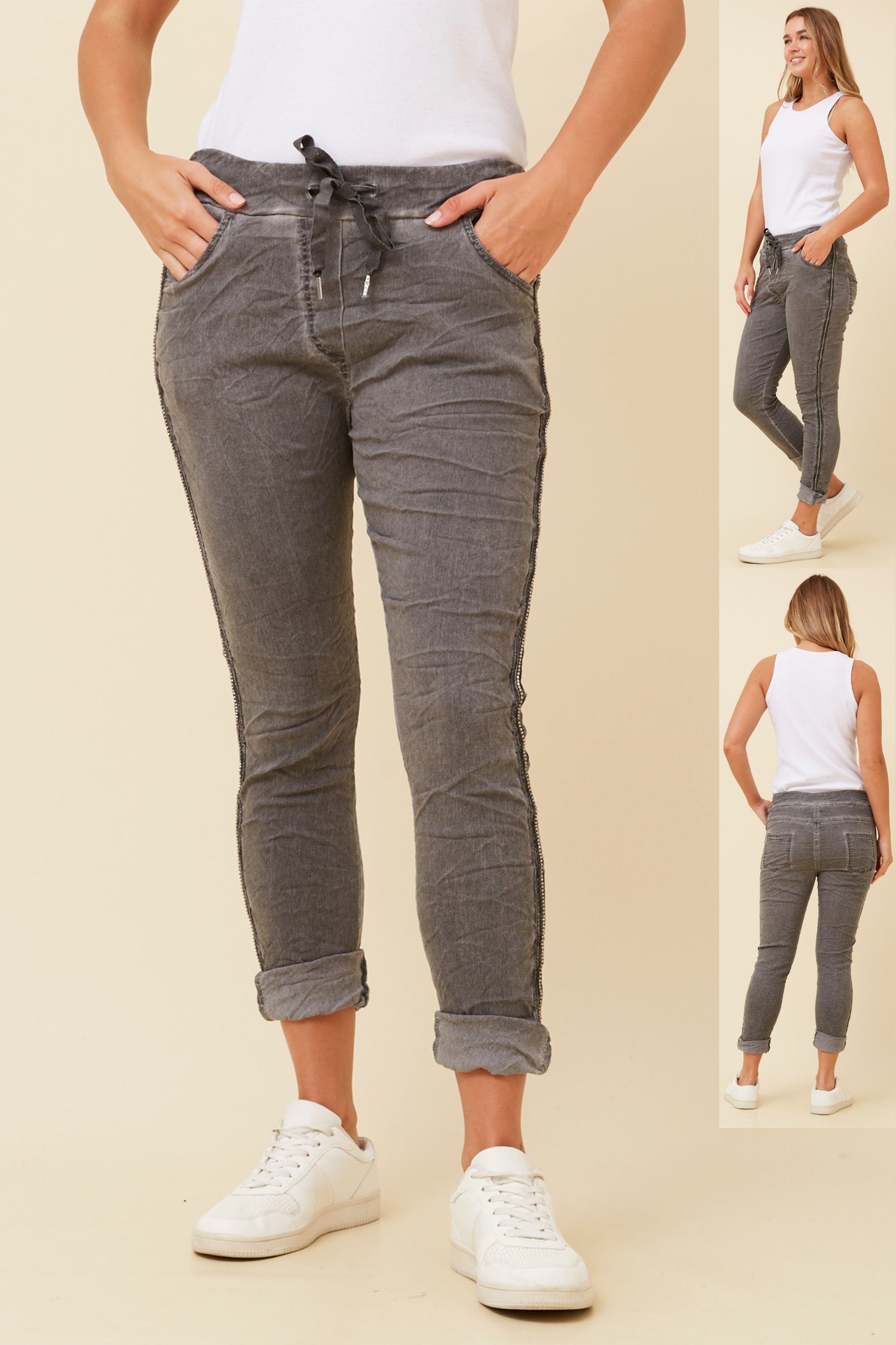 Diamante Detail Italian Pants P516408 Dark Grey