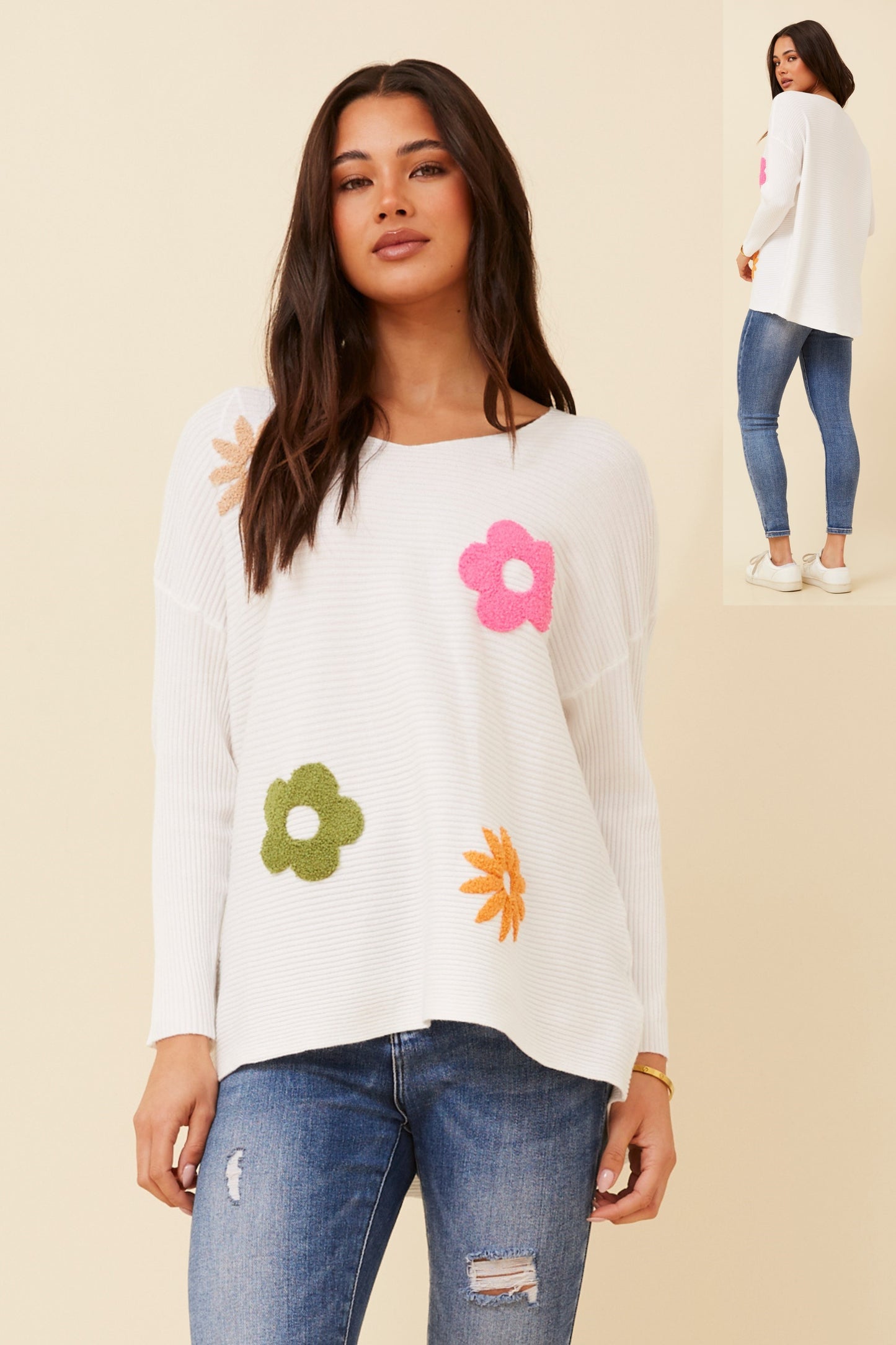 Mavi Floral Pattern V Neckline Knit - KP734318 White