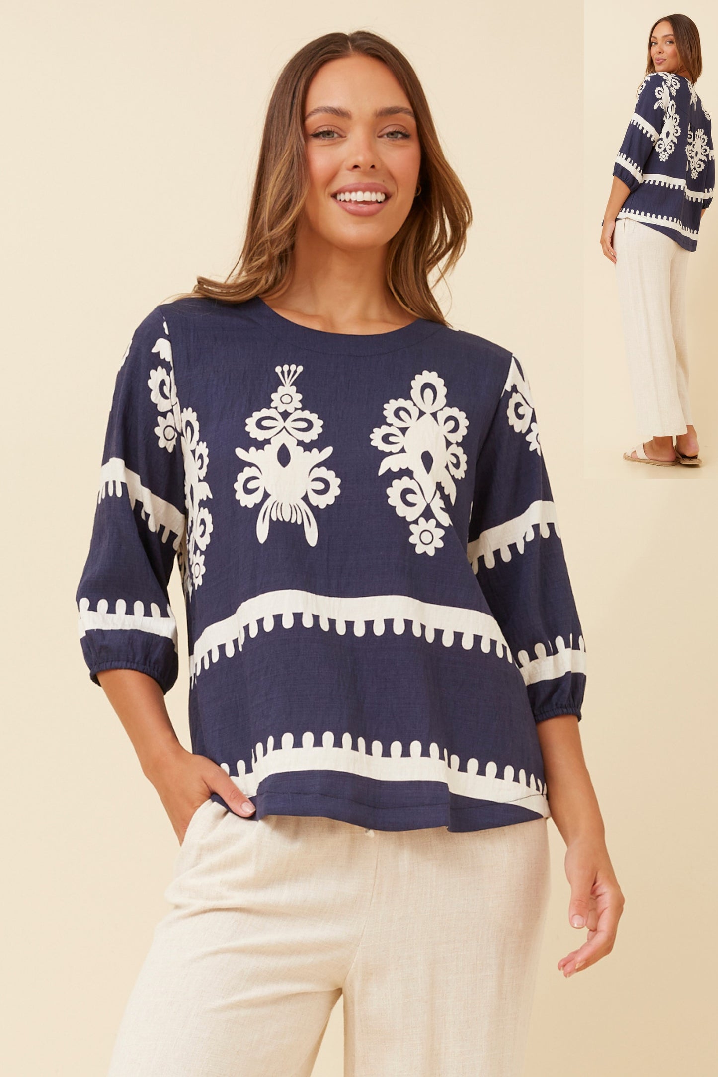 Amara Boho Print Blouse T523165 Navy