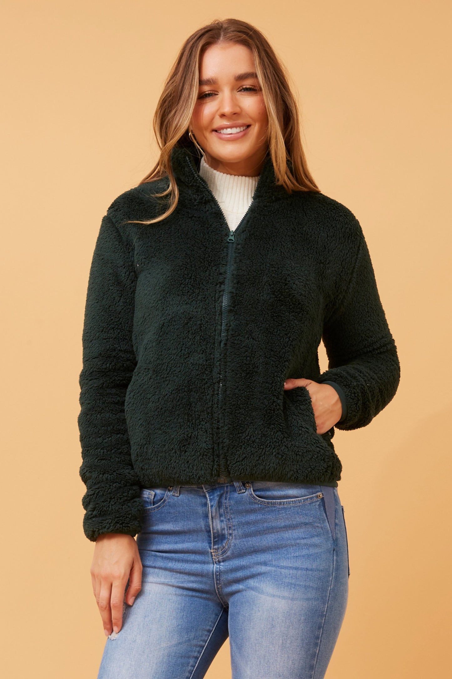 Front FAUX FUR Jacket- Forest Green J508971