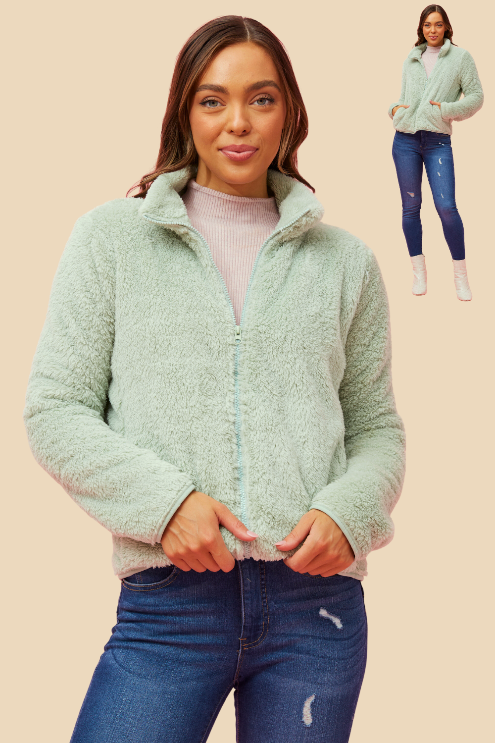 Front FAUX FUR Jacket- J526293 Mint