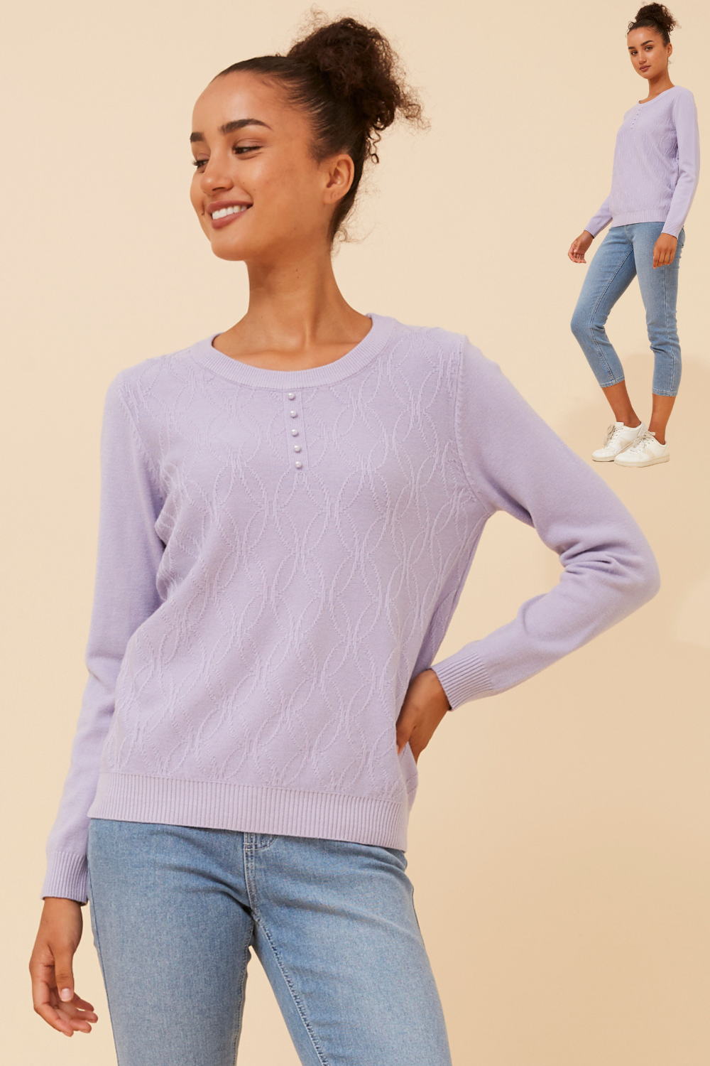 Mielle Front Pearl Detail Knit KP733651 Lilac
