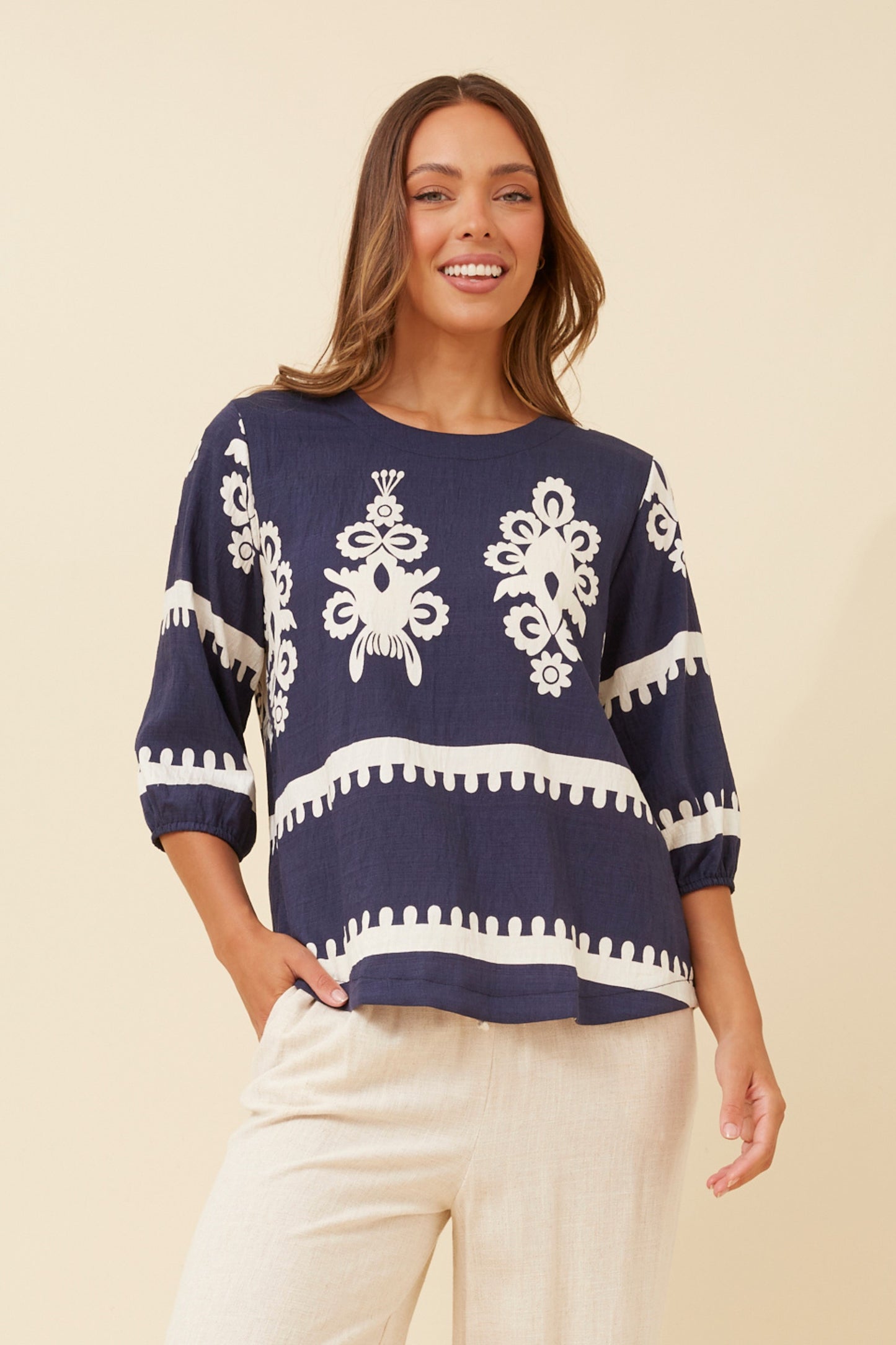 Amara Boho Print Blouse T523165 Navy