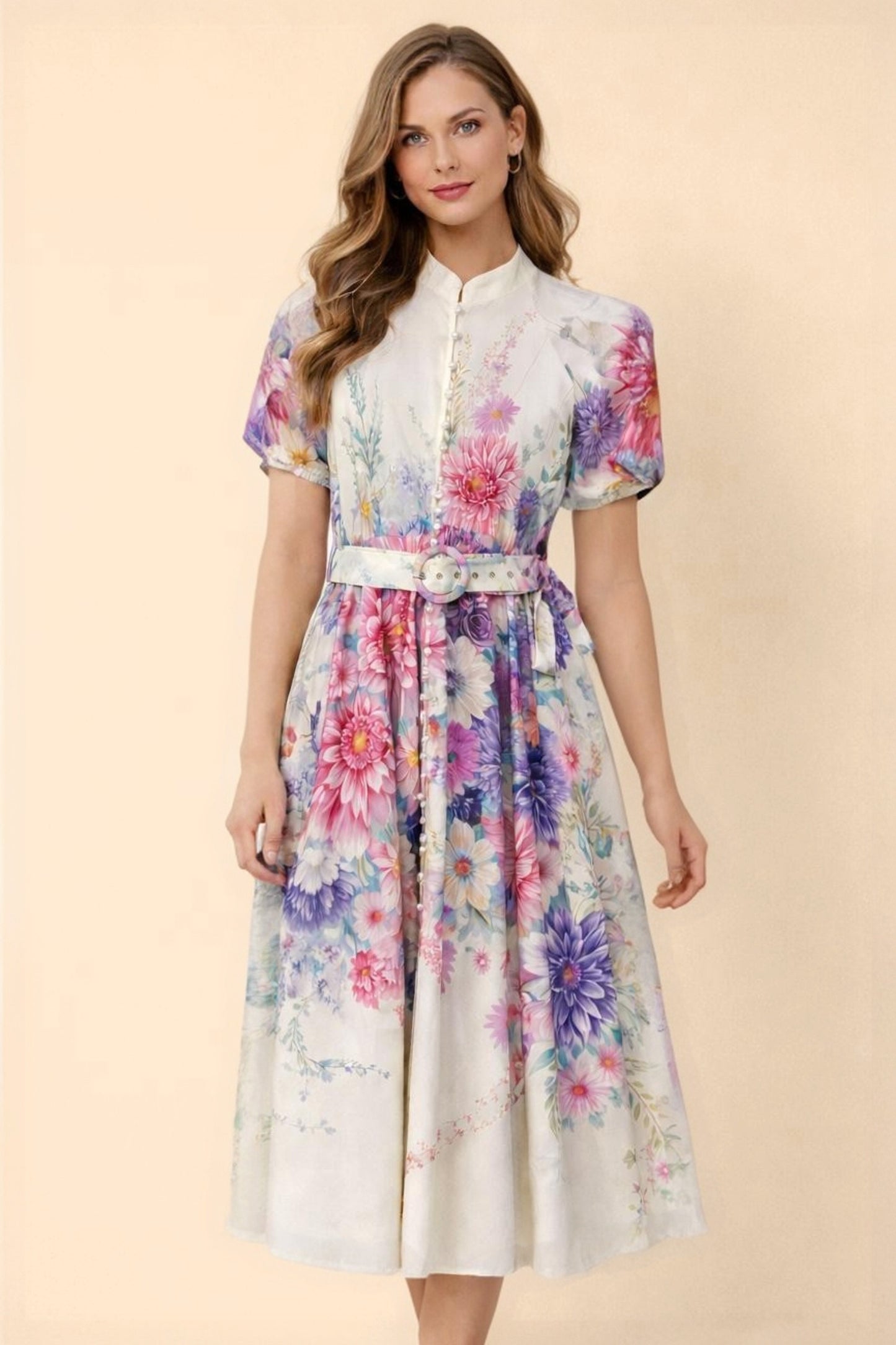 Estelle Floral Midi Dress with Belt D525391