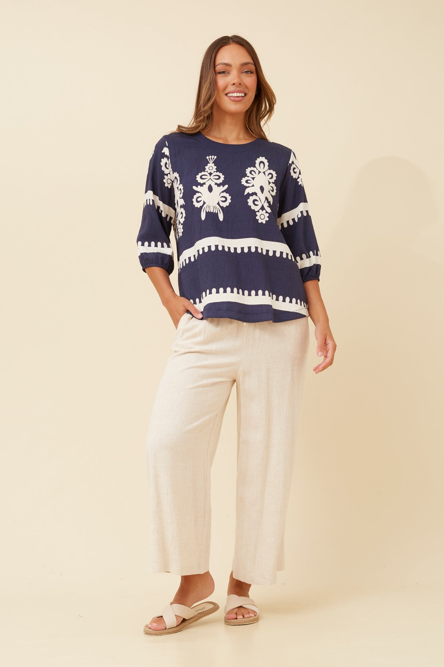 Amara Boho Print Blouse T523165 Navy