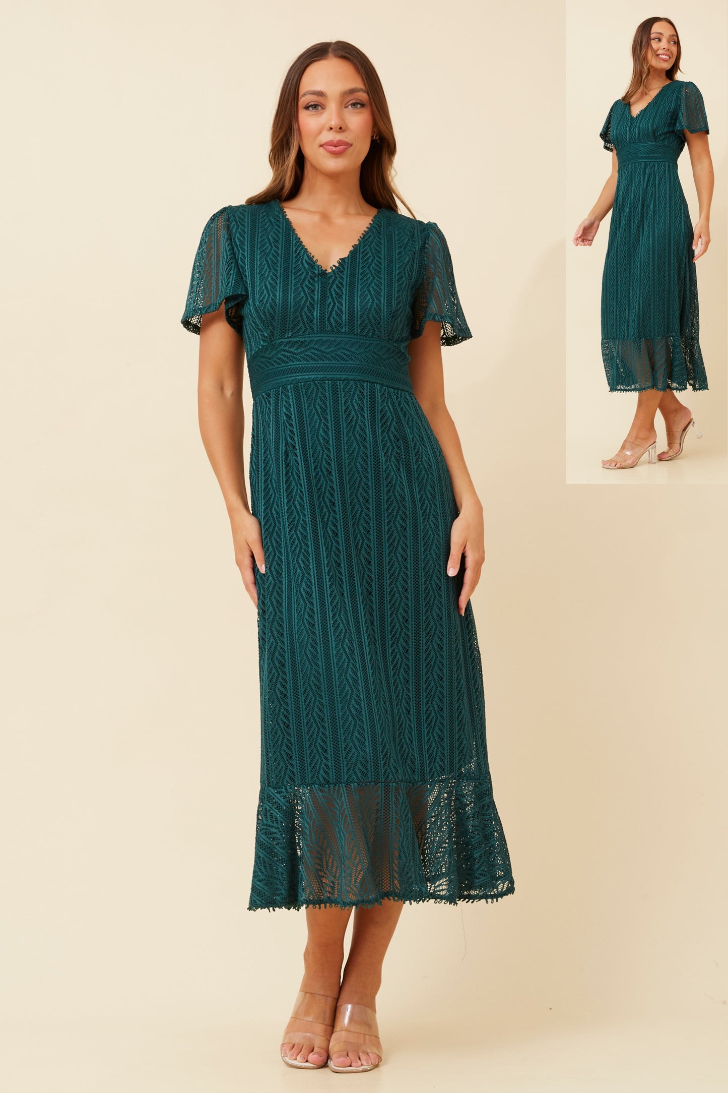 Samara Fitted Lace Long Dress - Emerald D506415