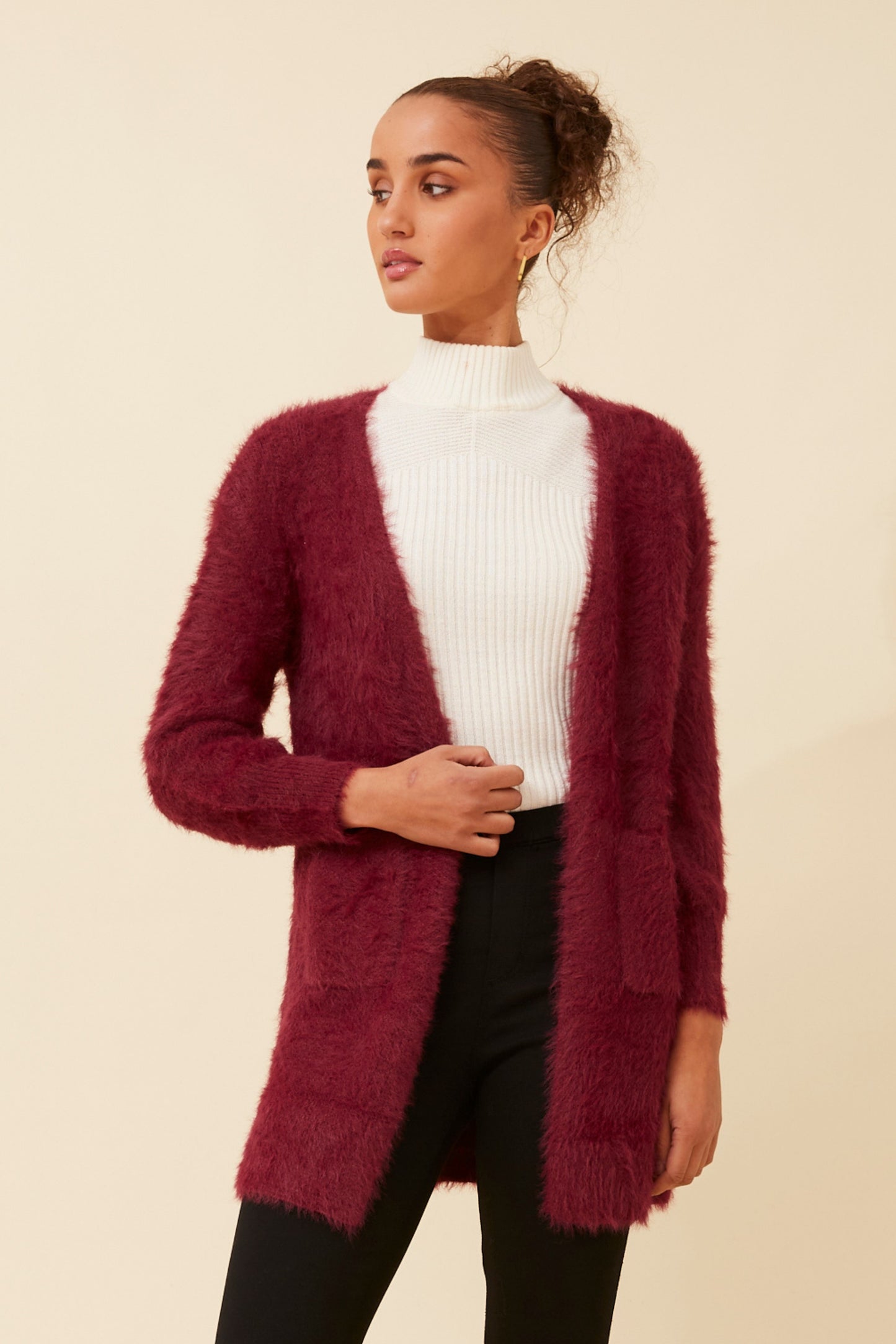 Davie Long Sleeves Eyelash Knit Cardigan Red Dahlia KC522871