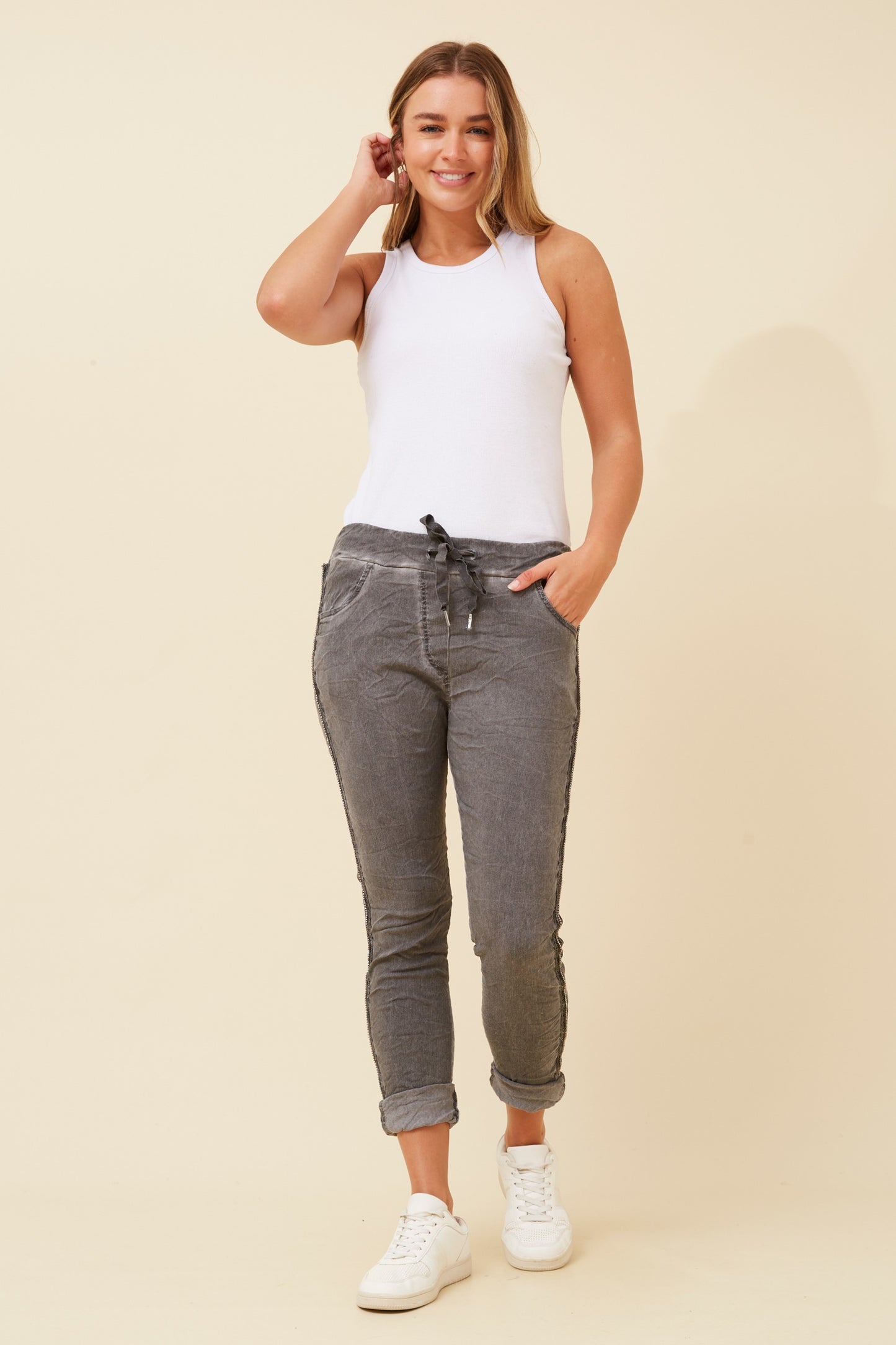Diamante Detail Italian Pants P516408 Dark Grey
