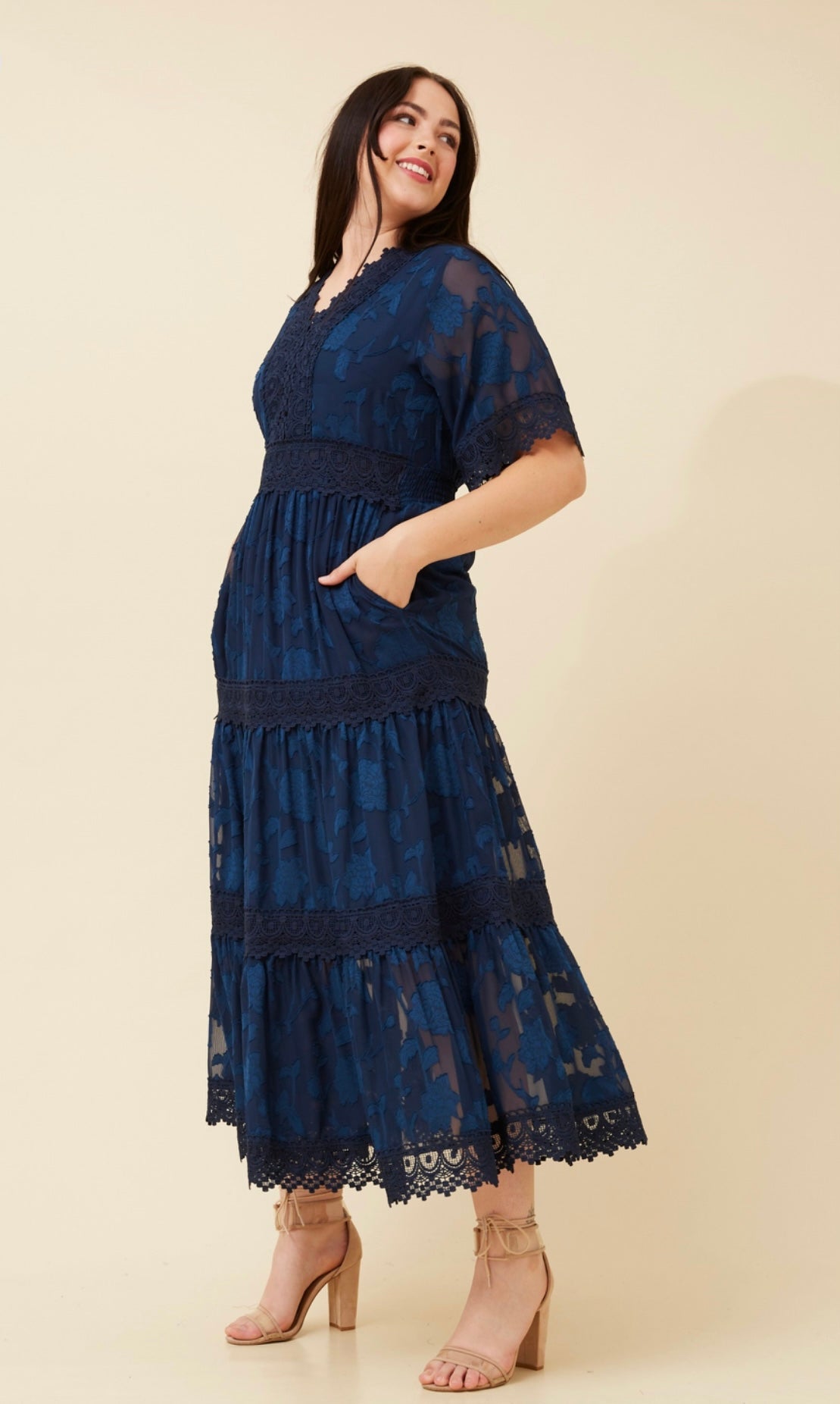 Alexia Lace Trim Dress - Navy D521391