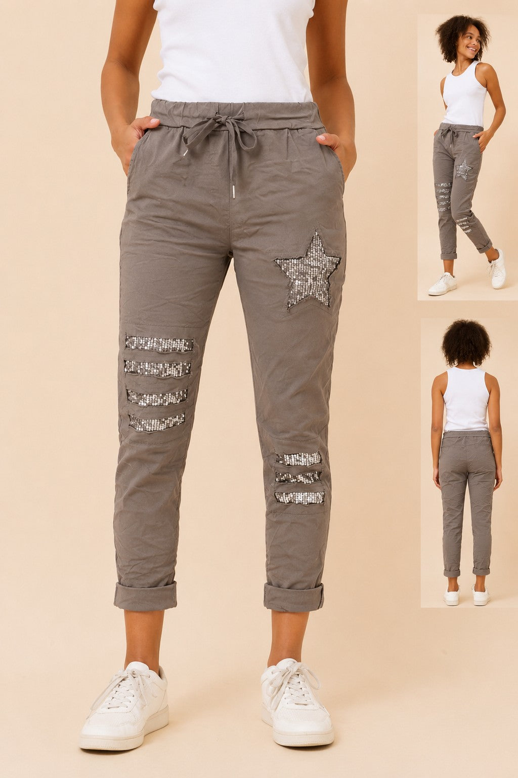 Star Sequin Patches Italian Pant - Fango P521148