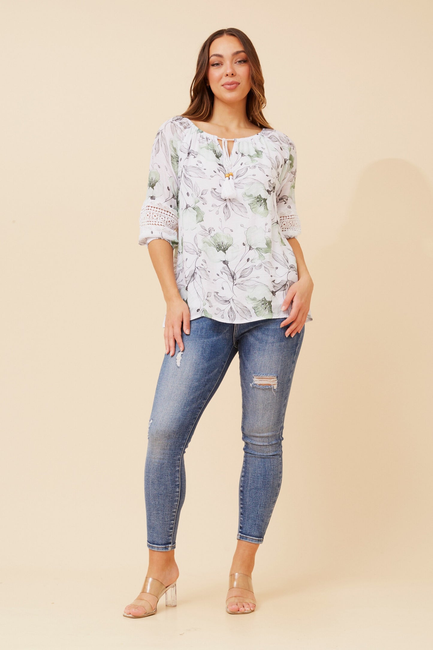 Reba Print Peasant Top - Green T523337