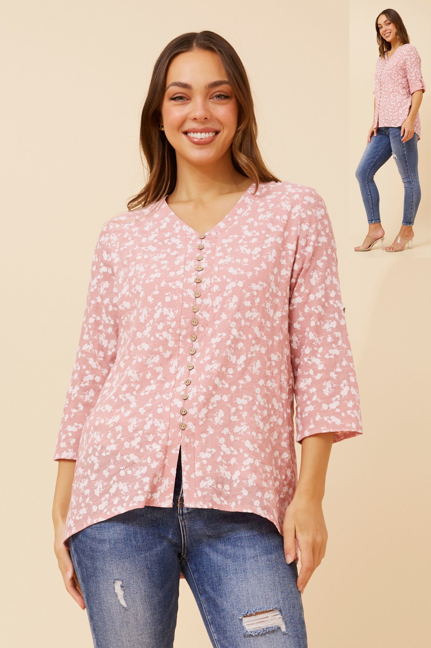 Edie Floral Print Button Top - Pink T523600