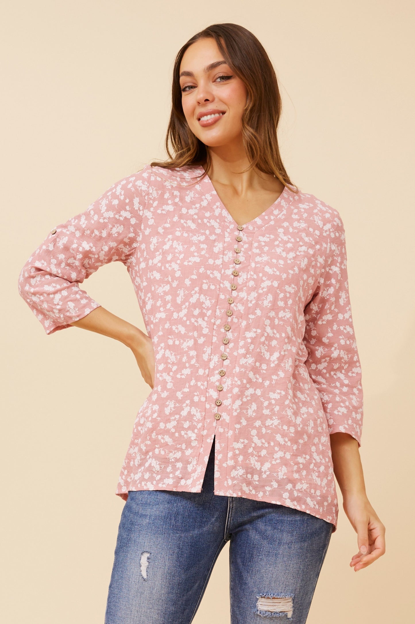 Edie Floral Print Button Top - Pink T523600