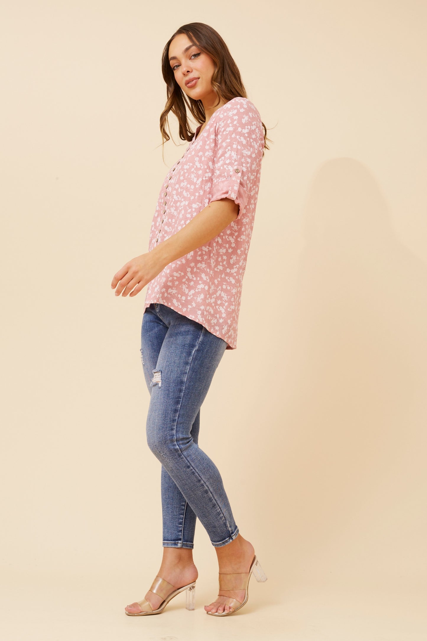 Edie Floral Print Button Top - Pink T523600