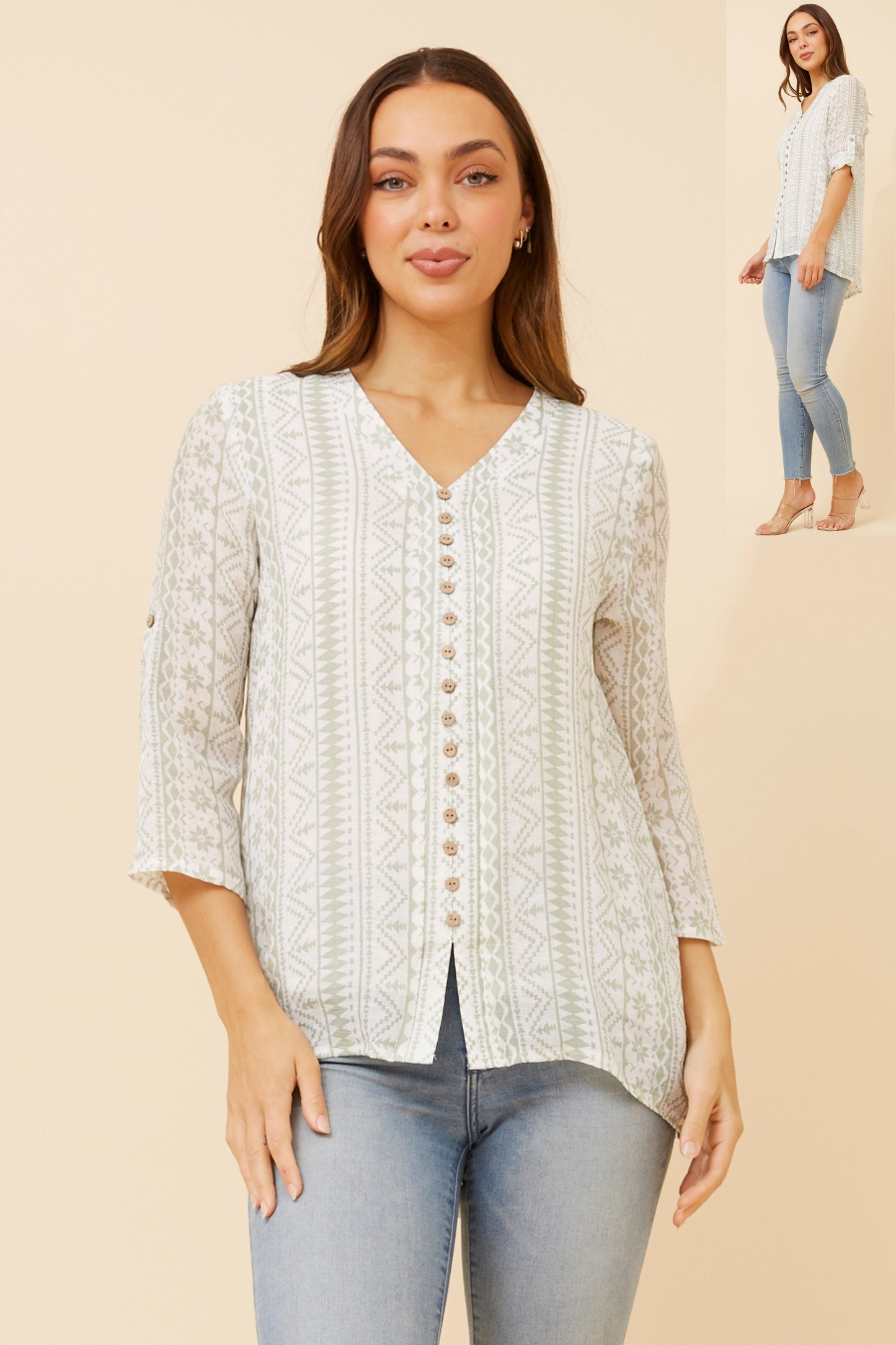 Edie Floral Print Button Top - Sage T523602