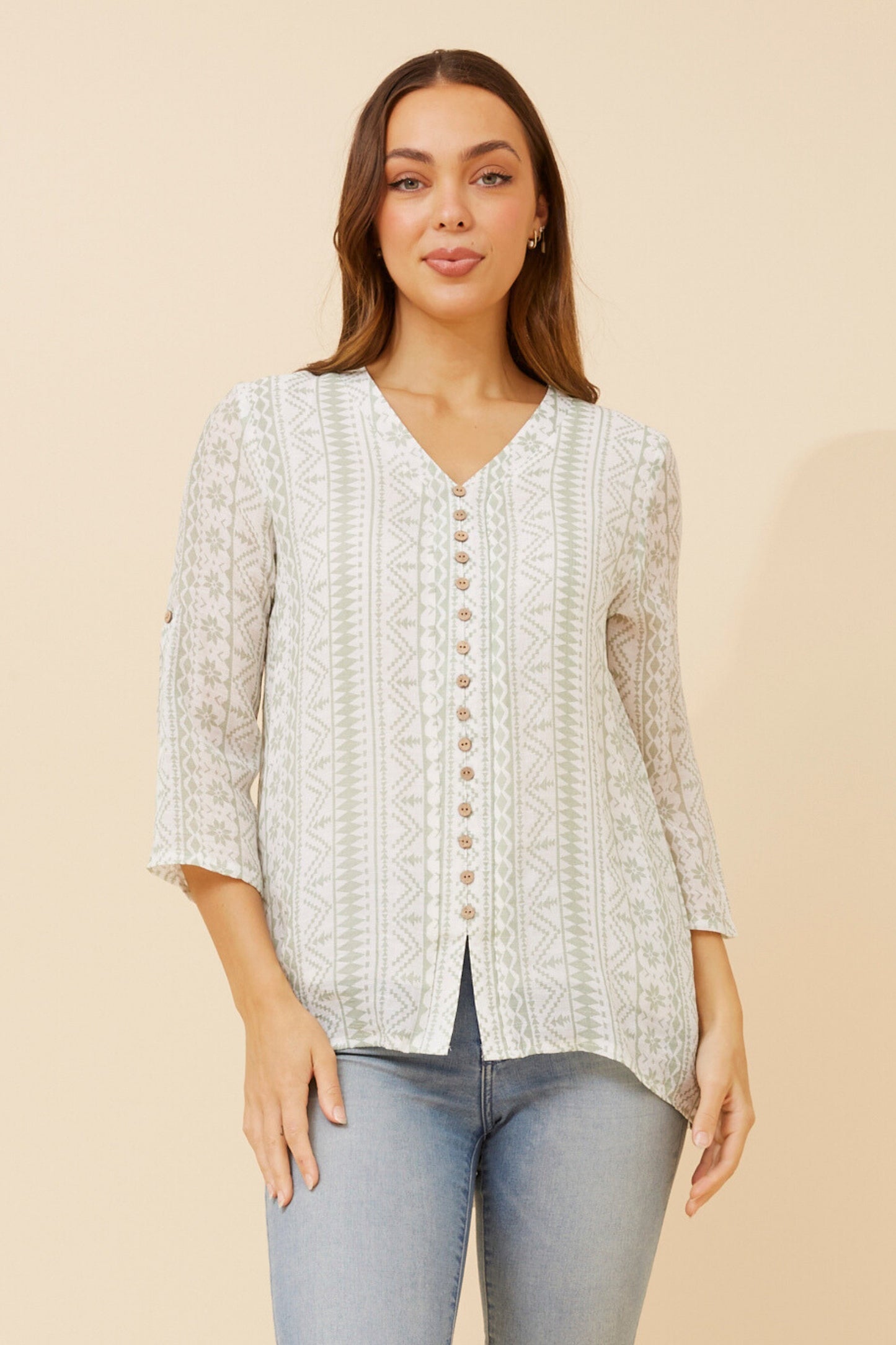 Edie Floral Print Button Top - Sage T523602
