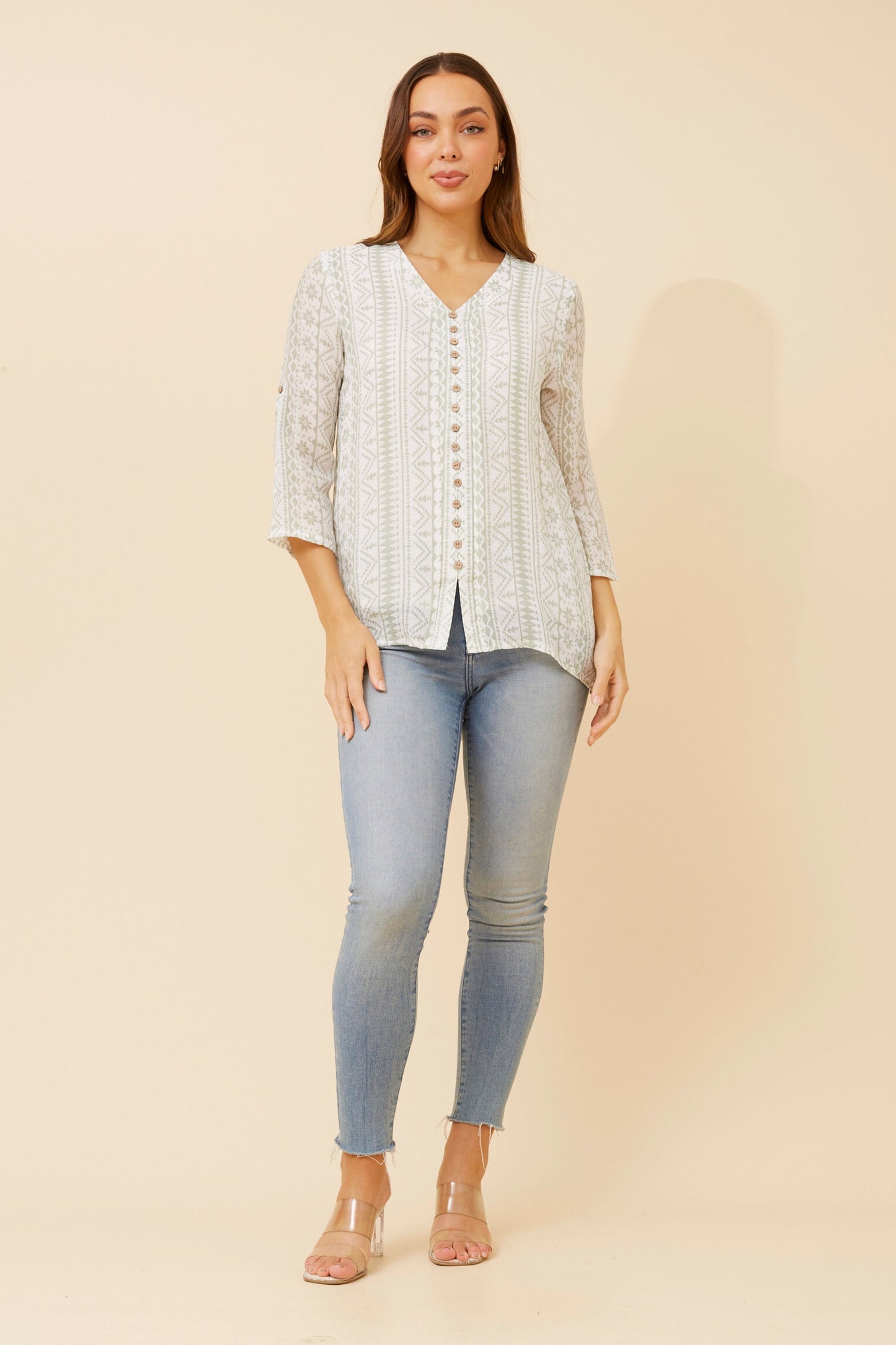 Edie Floral Print Button Top - Sage T523602