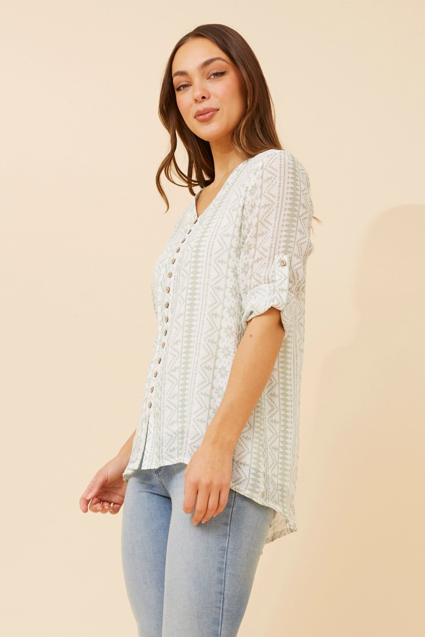 Edie Floral Print Button Top - Sage T523602