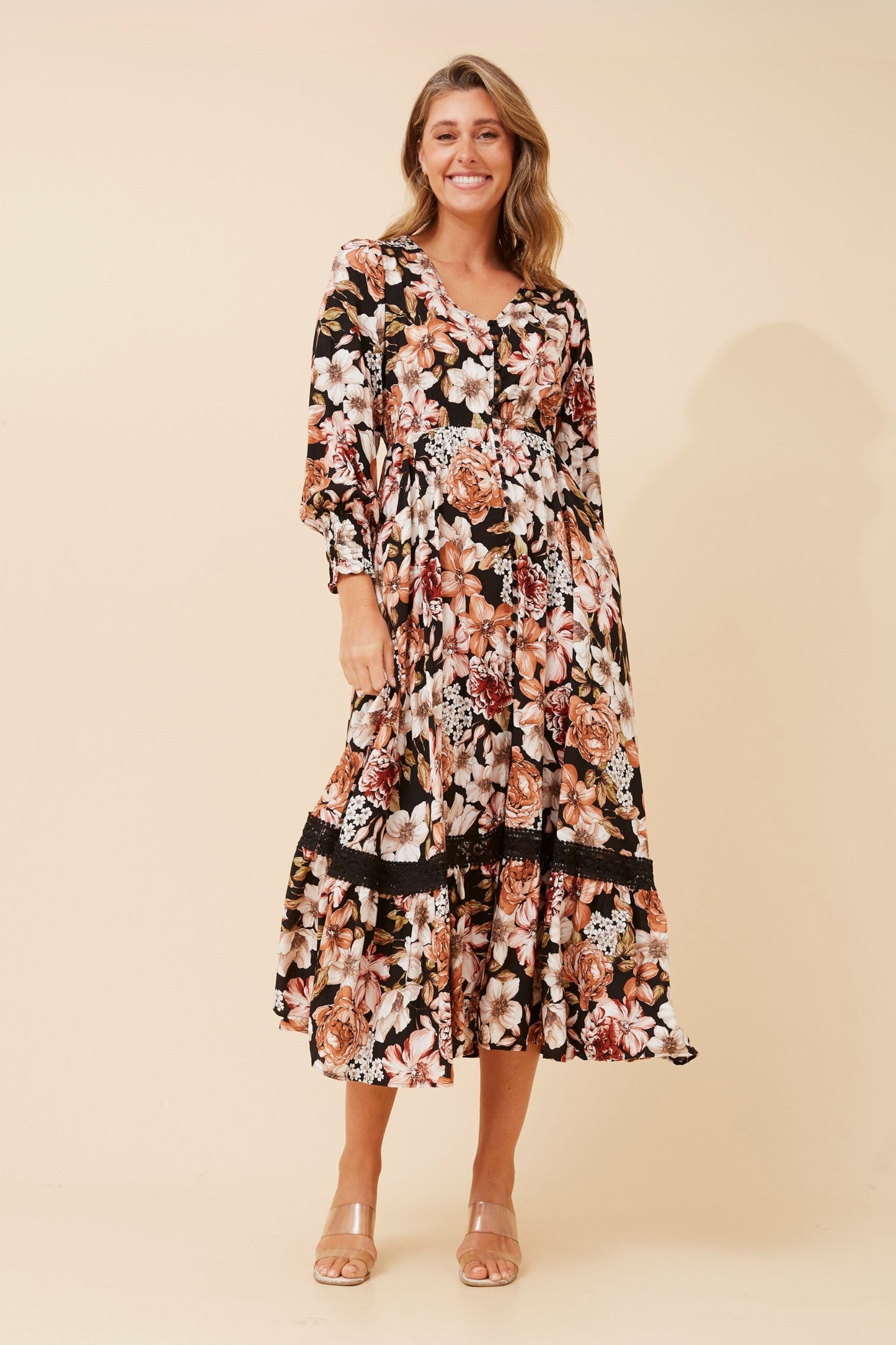Indi Flower Print Maxi Dress - D524249 Multi Black