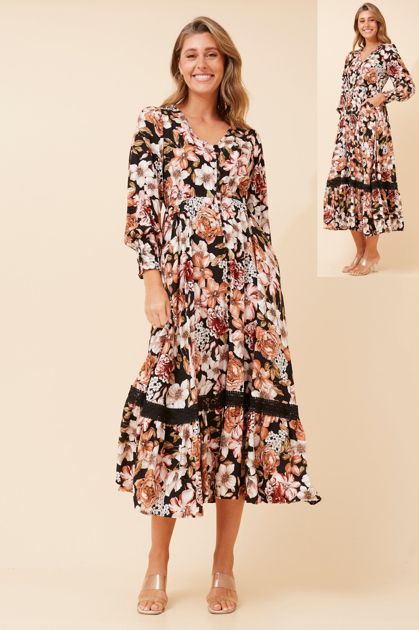 Indi Flower Print Maxi Dress - D524249 Multi Black