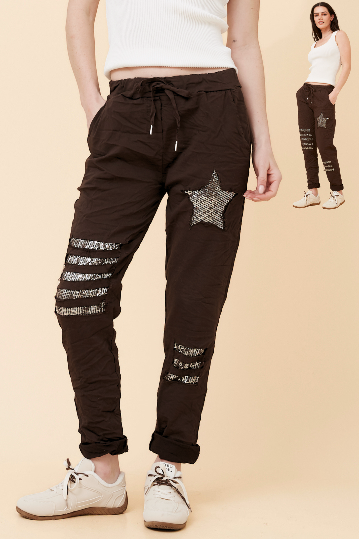 Star Sequin Patches Italian Pant - Chocolate P521148