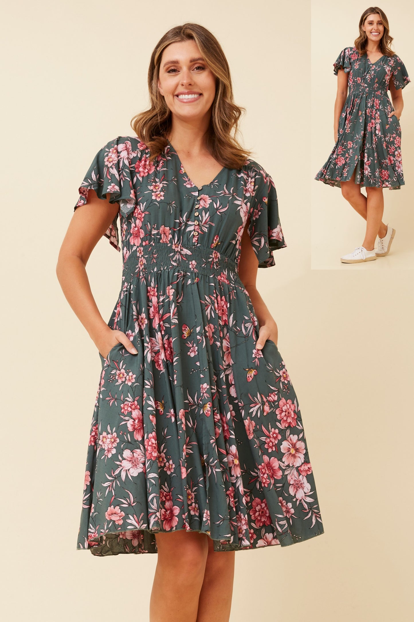 Ivona Floral Boho Midi Dress - Green Ash D523123