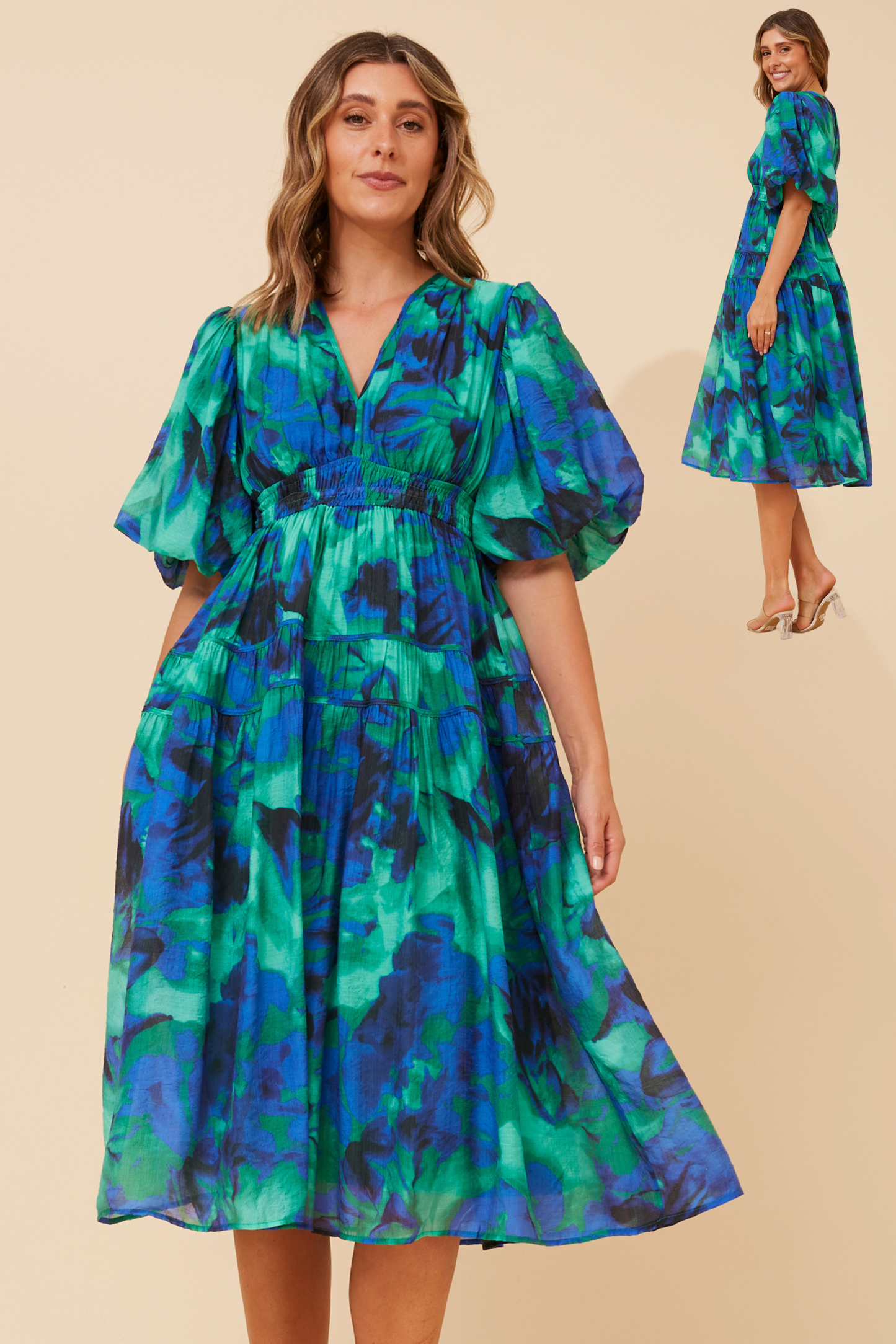 Cassandra Puff Sleeve Dress D736071 Multi Blue