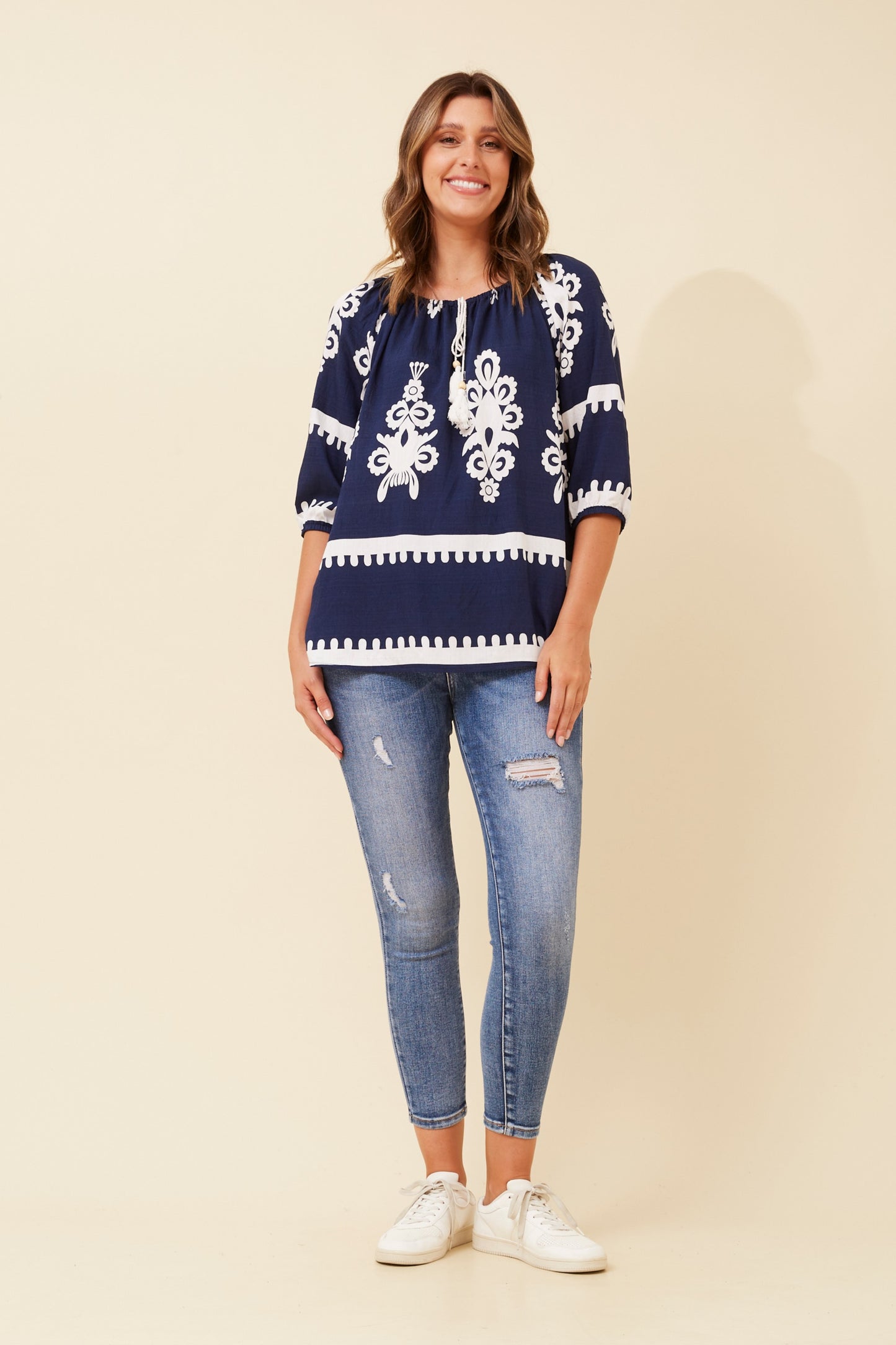 Amara Boho Print Blouse T523164 Navy