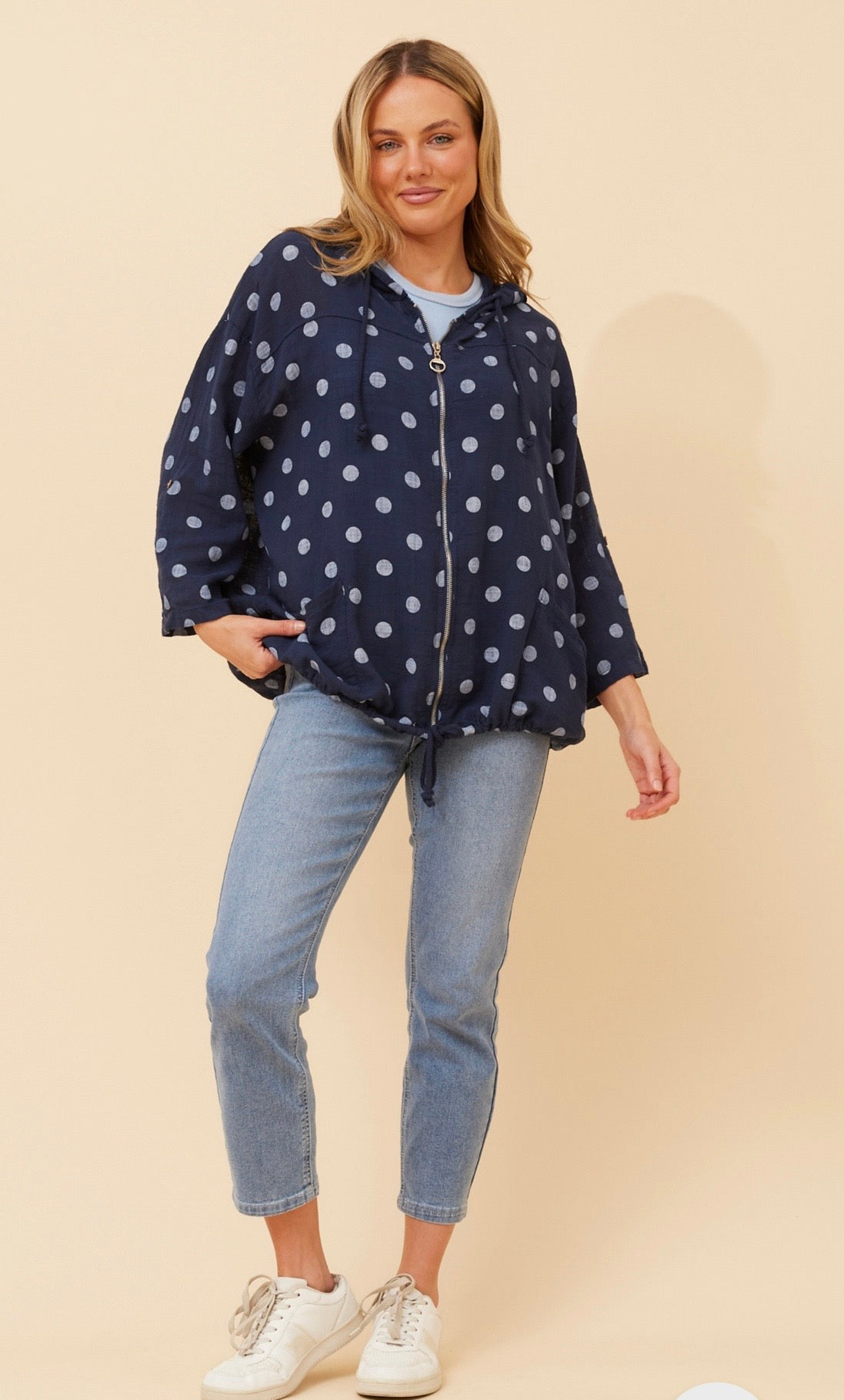 Seta Polka Dot Printed Hoody Jacket J526469 Navy/White