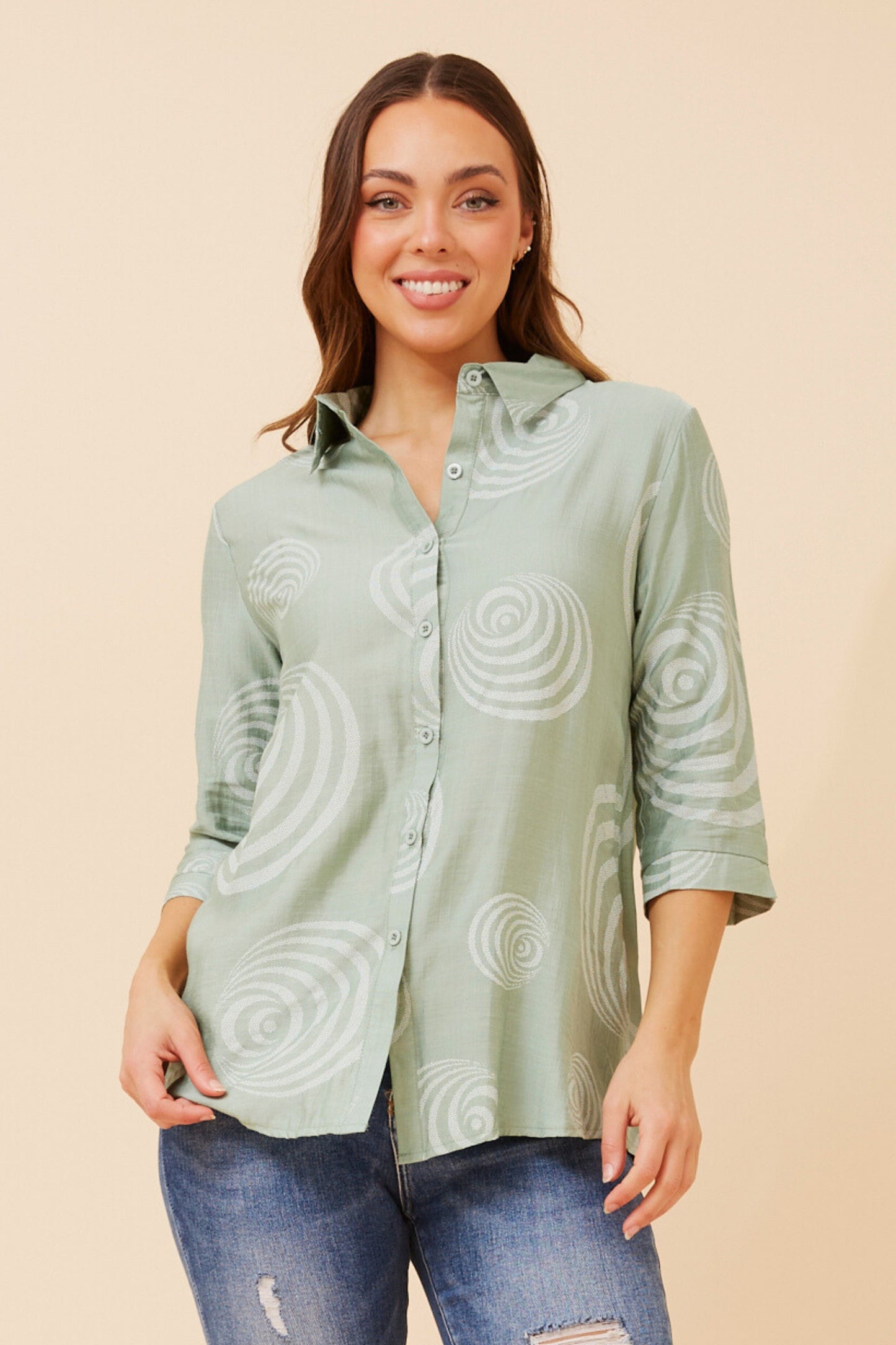 Bella Abstract Printed Top T523432 Sage & White