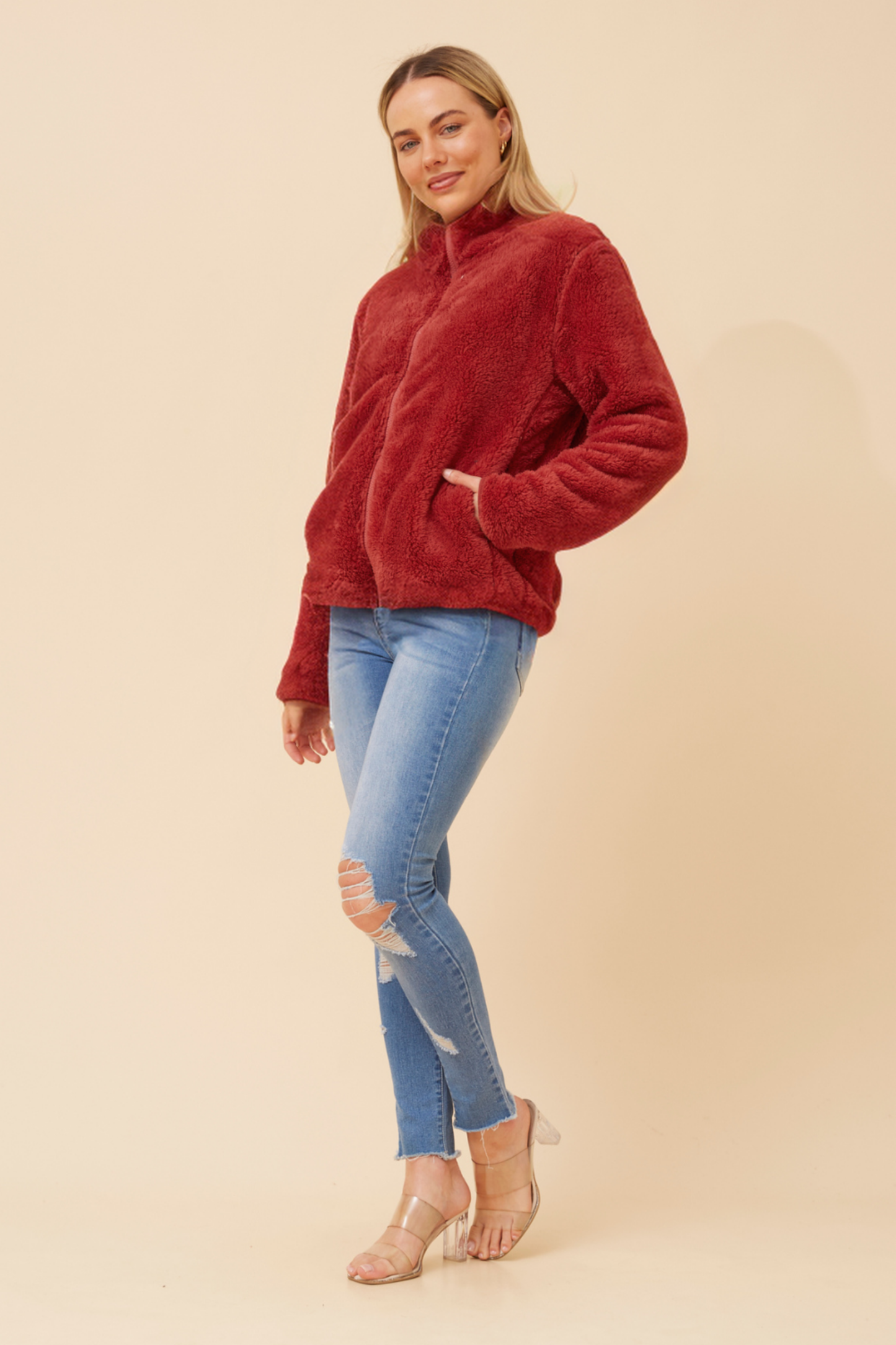 Front FAUX FUR Jacket- Cherrywood J508971