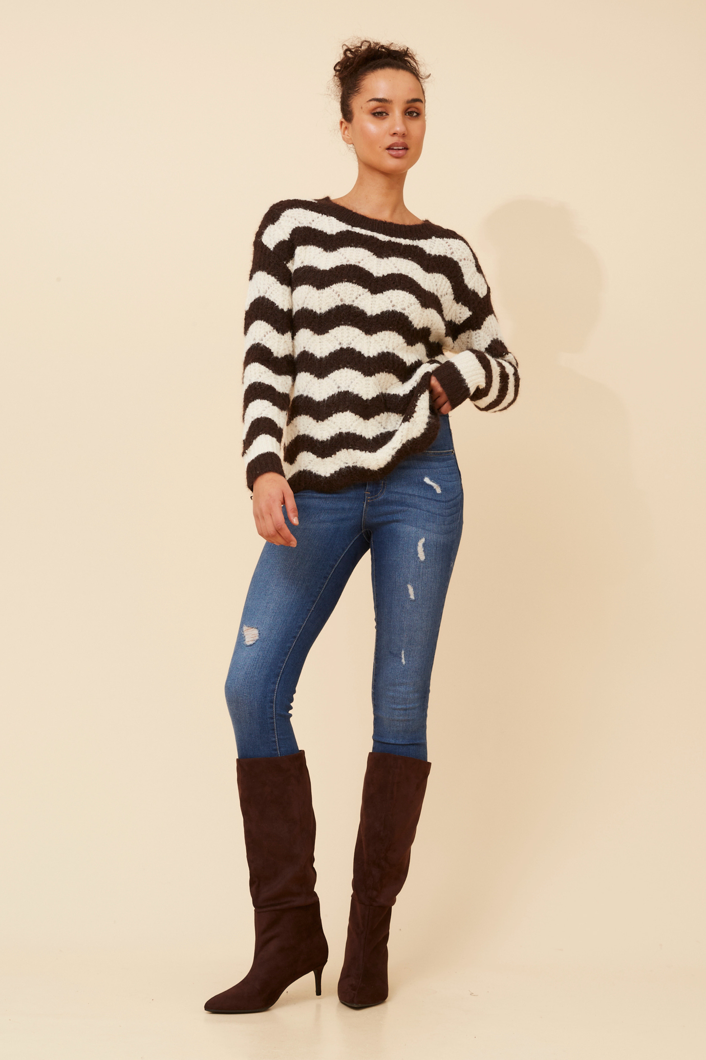Orri Stripe Print Knit KP736720 Chocolate/Cream