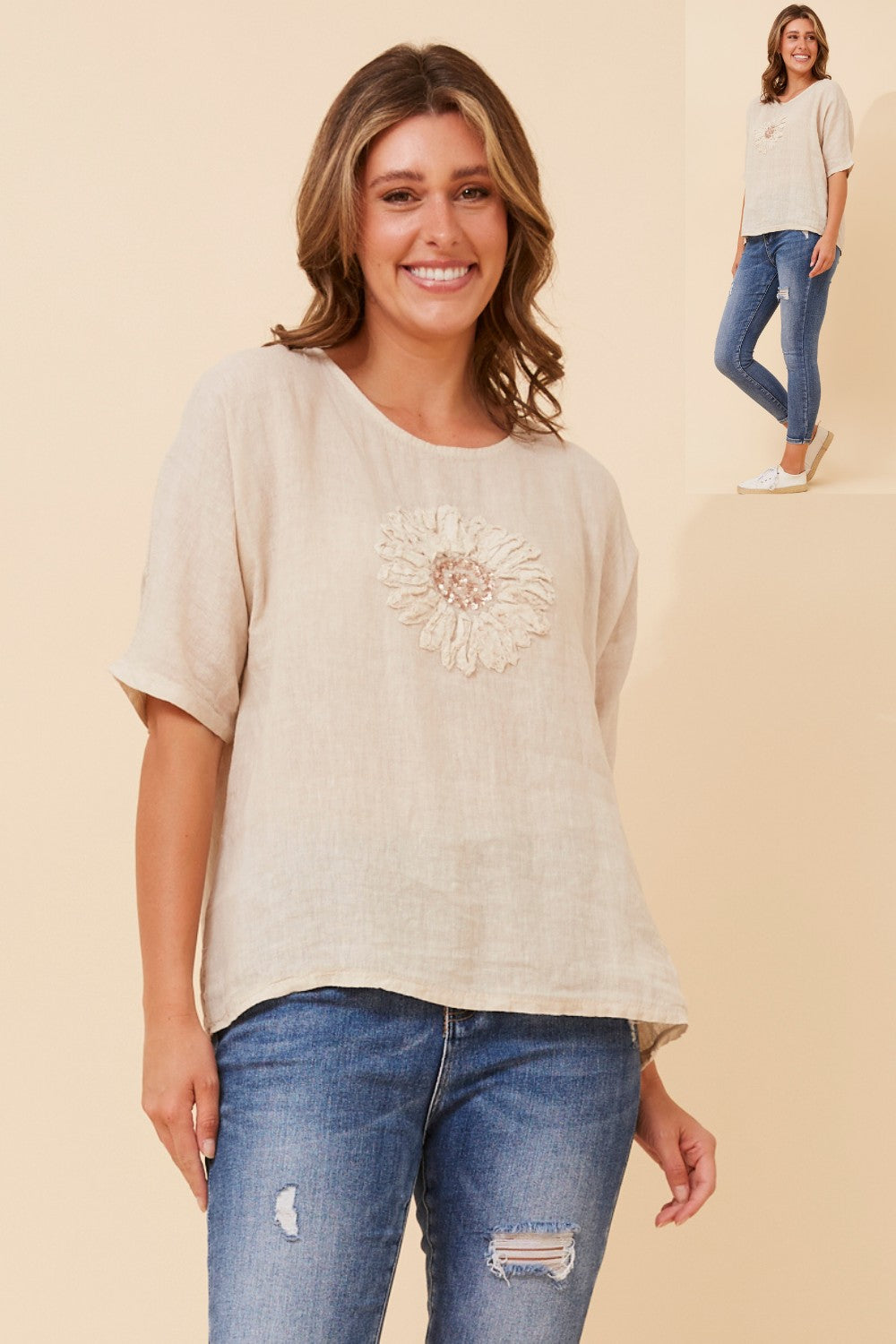 Liliana Italian Floral Patchwork Top T525137 Linen