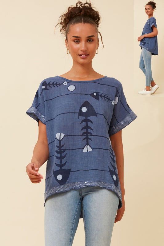 Italian Fish Print Top T521175 Denim