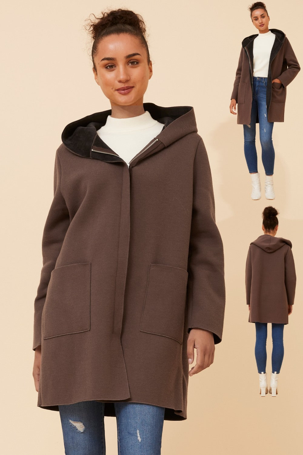 Lana Zip Front Coat with Hood CO508734 Chocolate