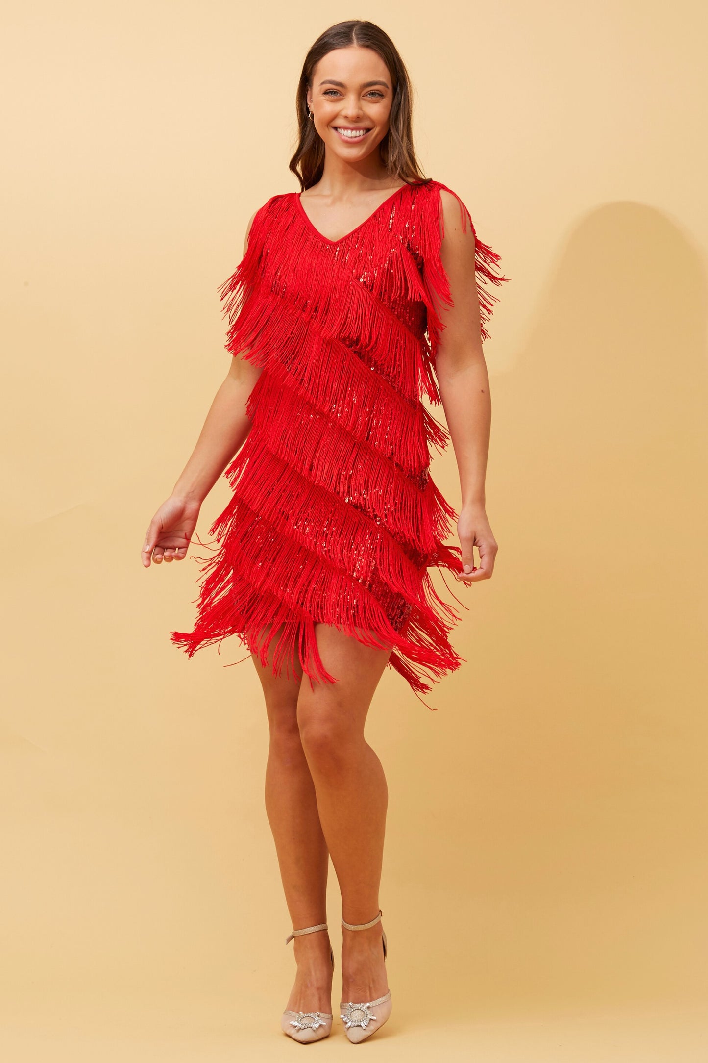 Maddison Fringe Sequin Party Dress D503897 Red