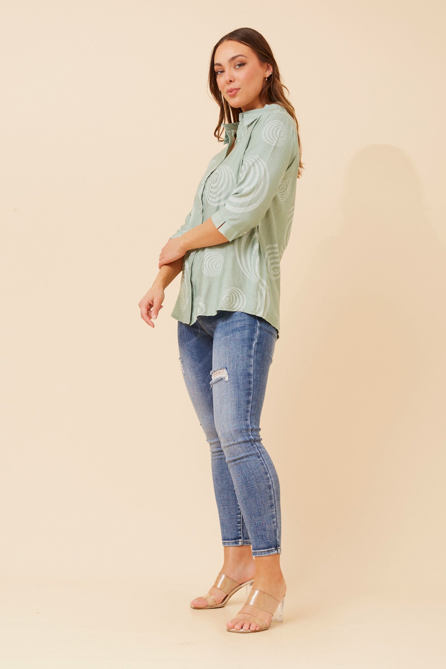 Bella Abstract Printed Top T523432 Sage & White