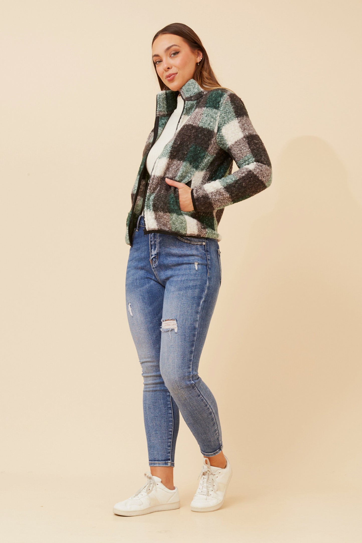 Geometric Print Teddy Jacket J519246