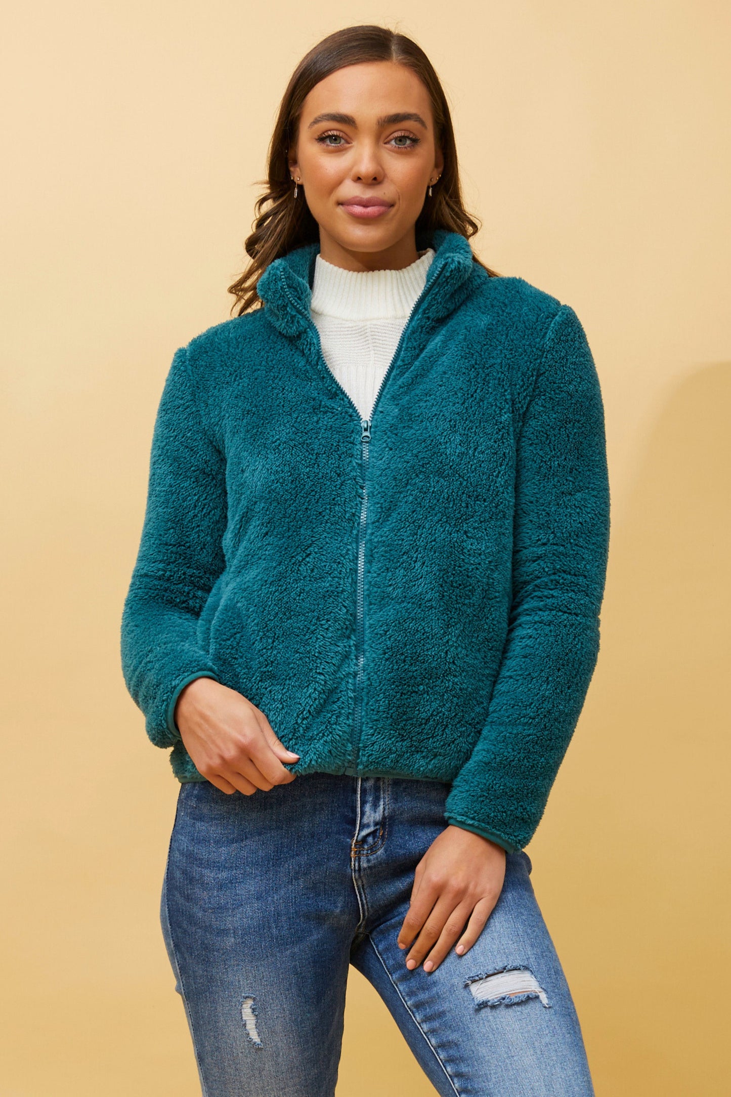Front FAUX FUR Jacket- Deep Teal J508971