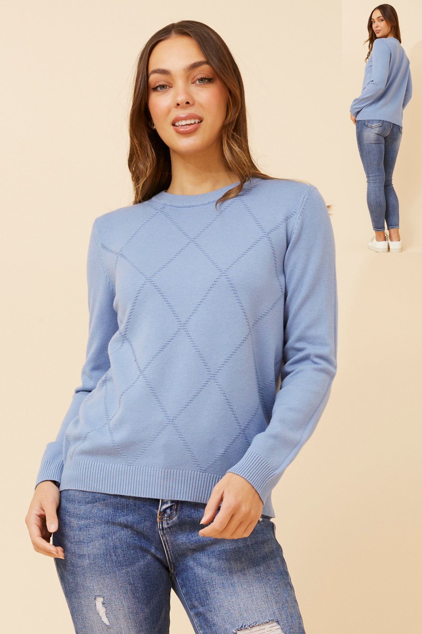 Amyra Diamond Pattern Knit KP522534 - Blue Jean
