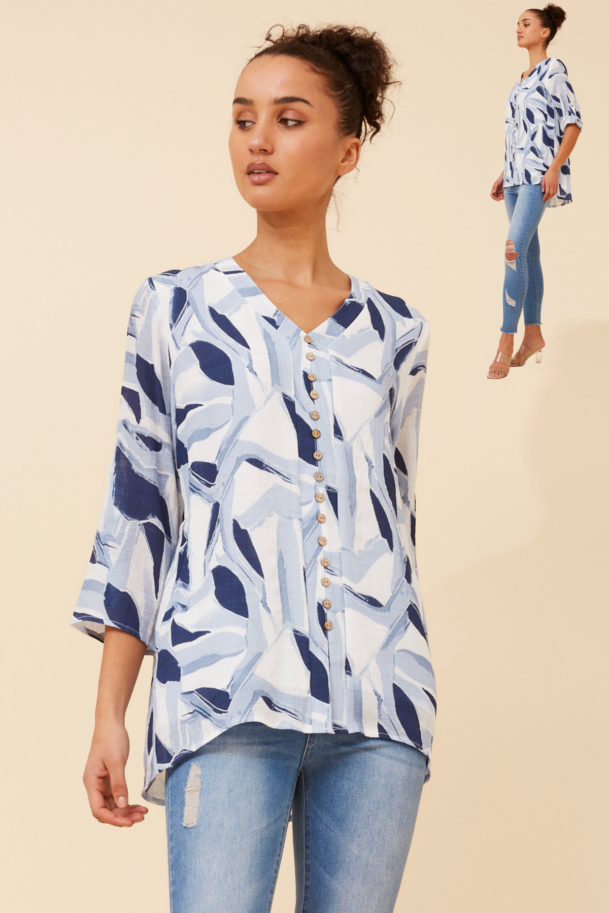 Edie Floral Print Button Top T526718 Blue