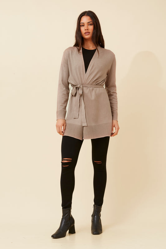 Ala Tie Front Knit Cardigan Taupe