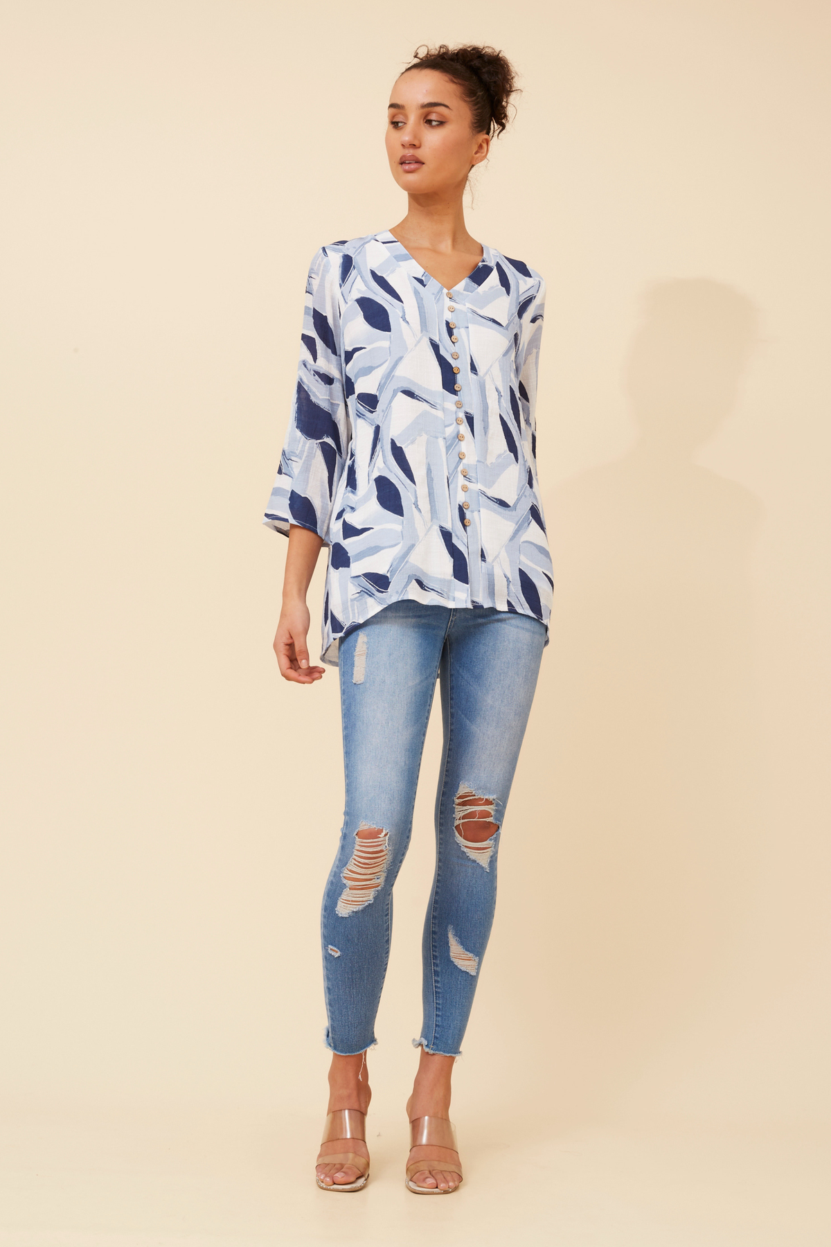 Edie Floral Print Button Top T526718 Blue